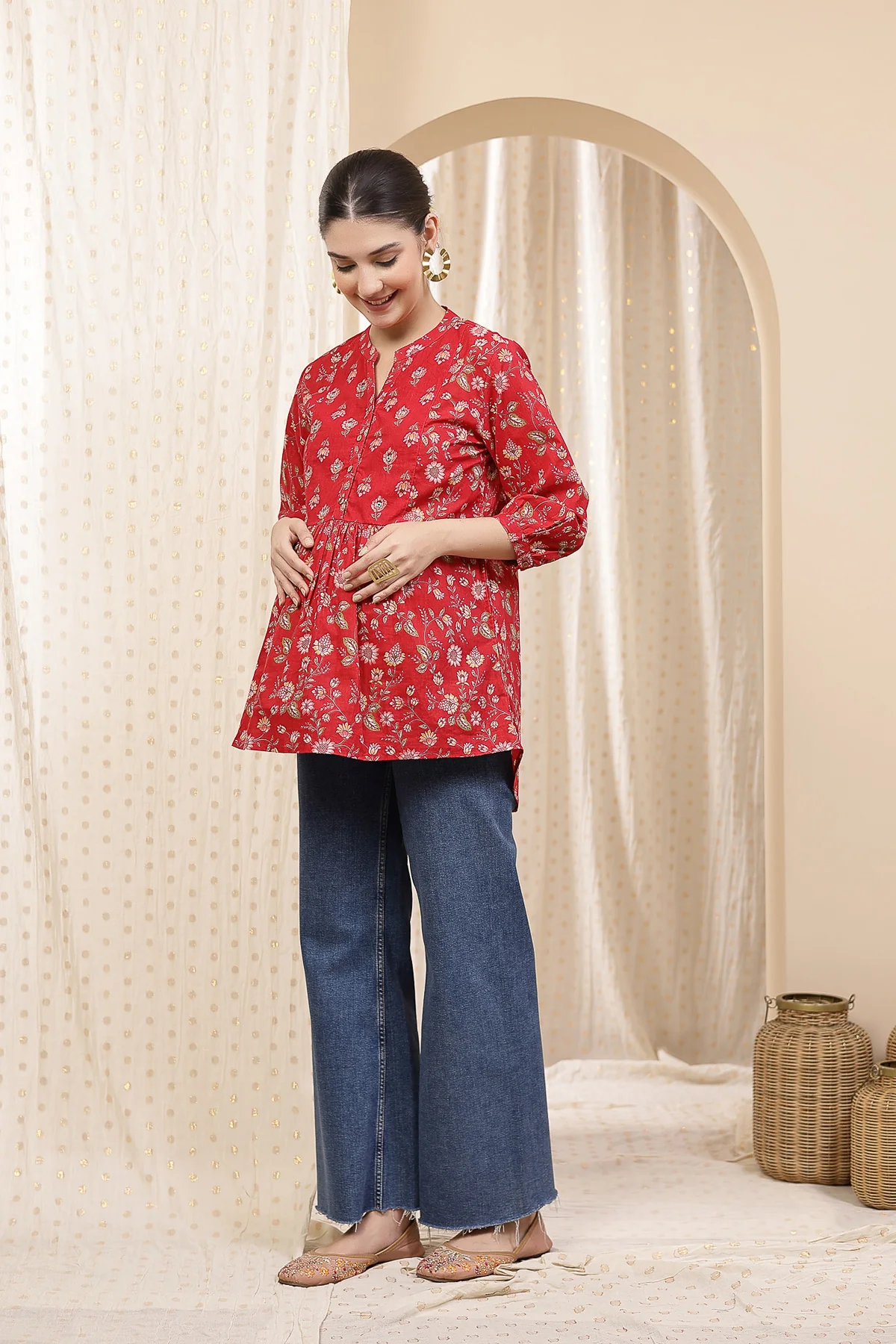 Maternity Zipless Feeding Peplum Top - Red Floral - Image 4