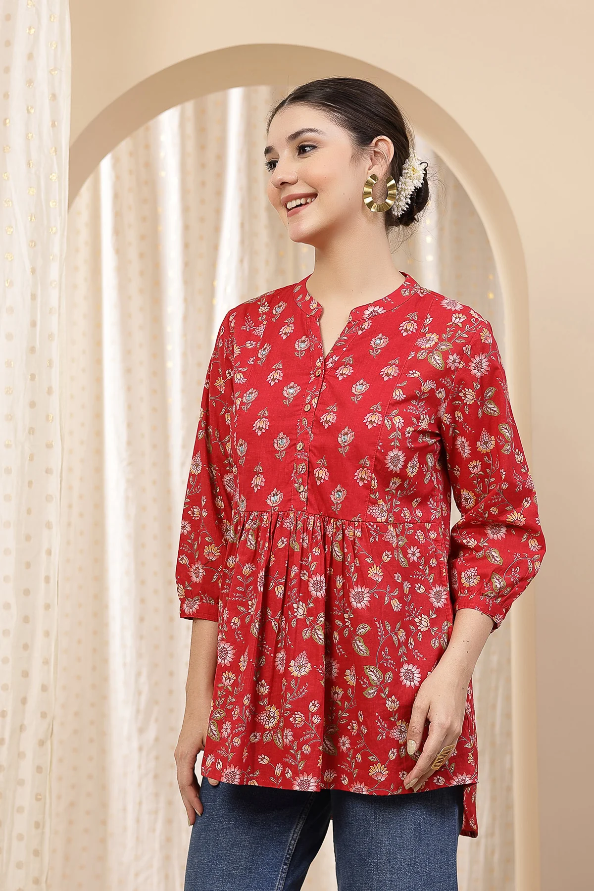 Maternity Zipless Feeding Peplum Top - Red Floral - Image 6