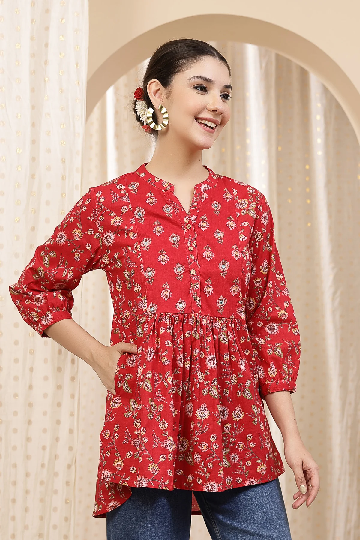 Maternity Zipless Feeding Peplum Top - Red Floral - Image 8