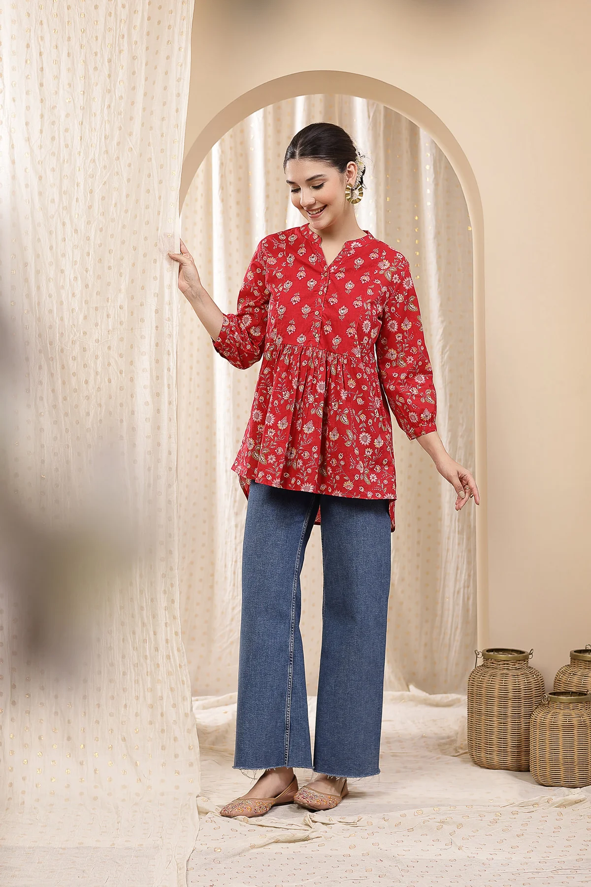 Maternity Zipless Feeding Peplum Top - Red Floral - Image 9