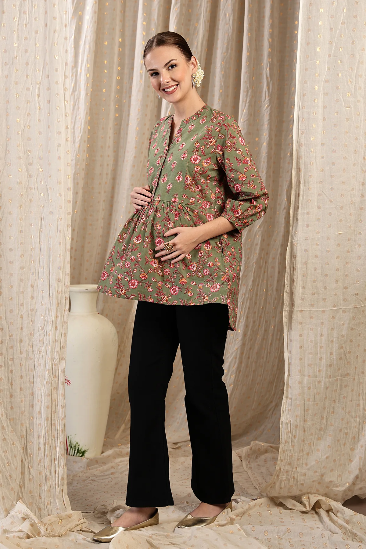Maternity Zipless Feeding Peplum Top - Sage - Image 4