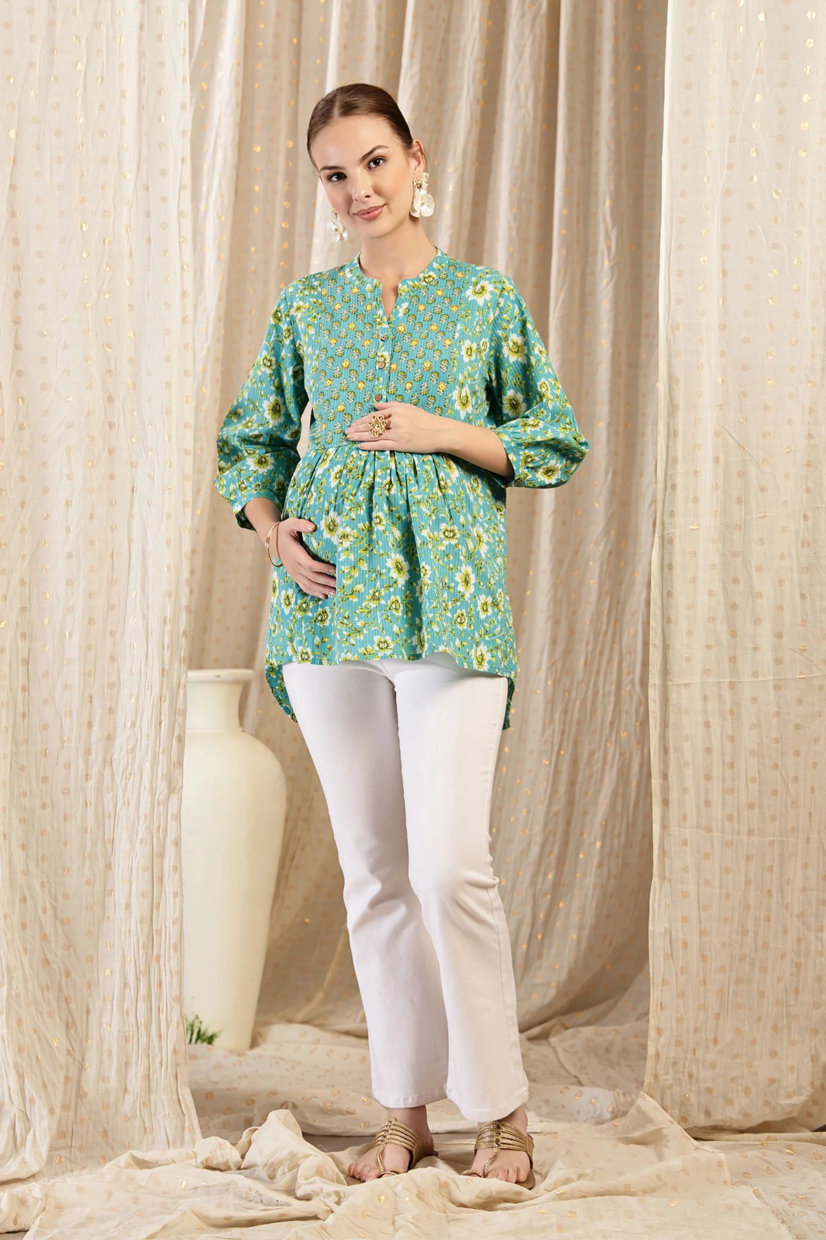 Maternity Zipless Feeding Peplum Top - Sea Green - Image 5
