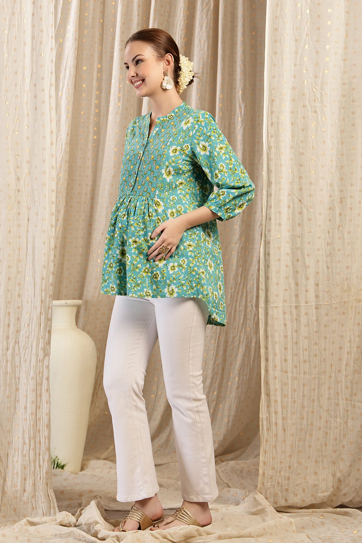 Maternity Zipless Feeding Peplum Top - Sea Green - Image 8