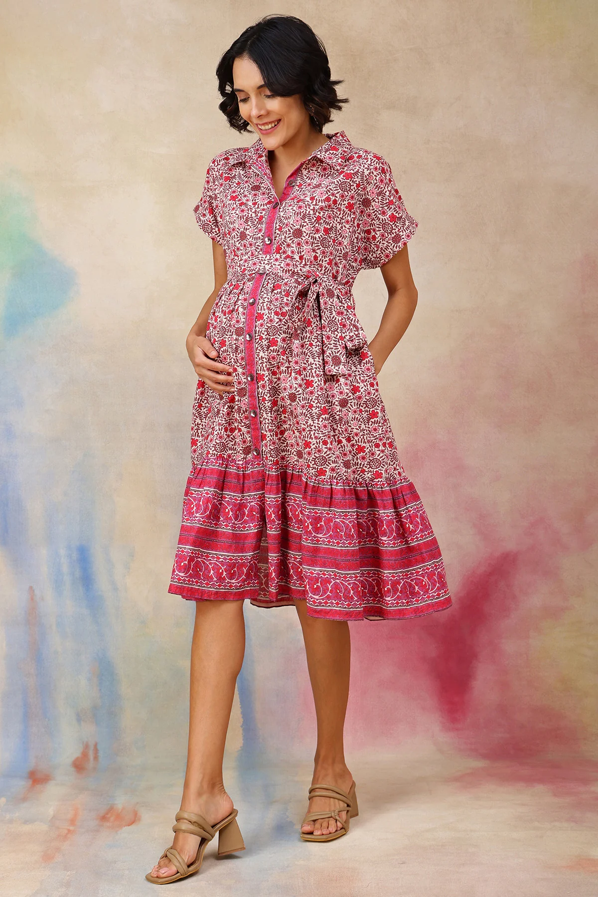 Maya The Block Print Zipless Feeding Shirt Dress with Twirling Tiers - Image 4