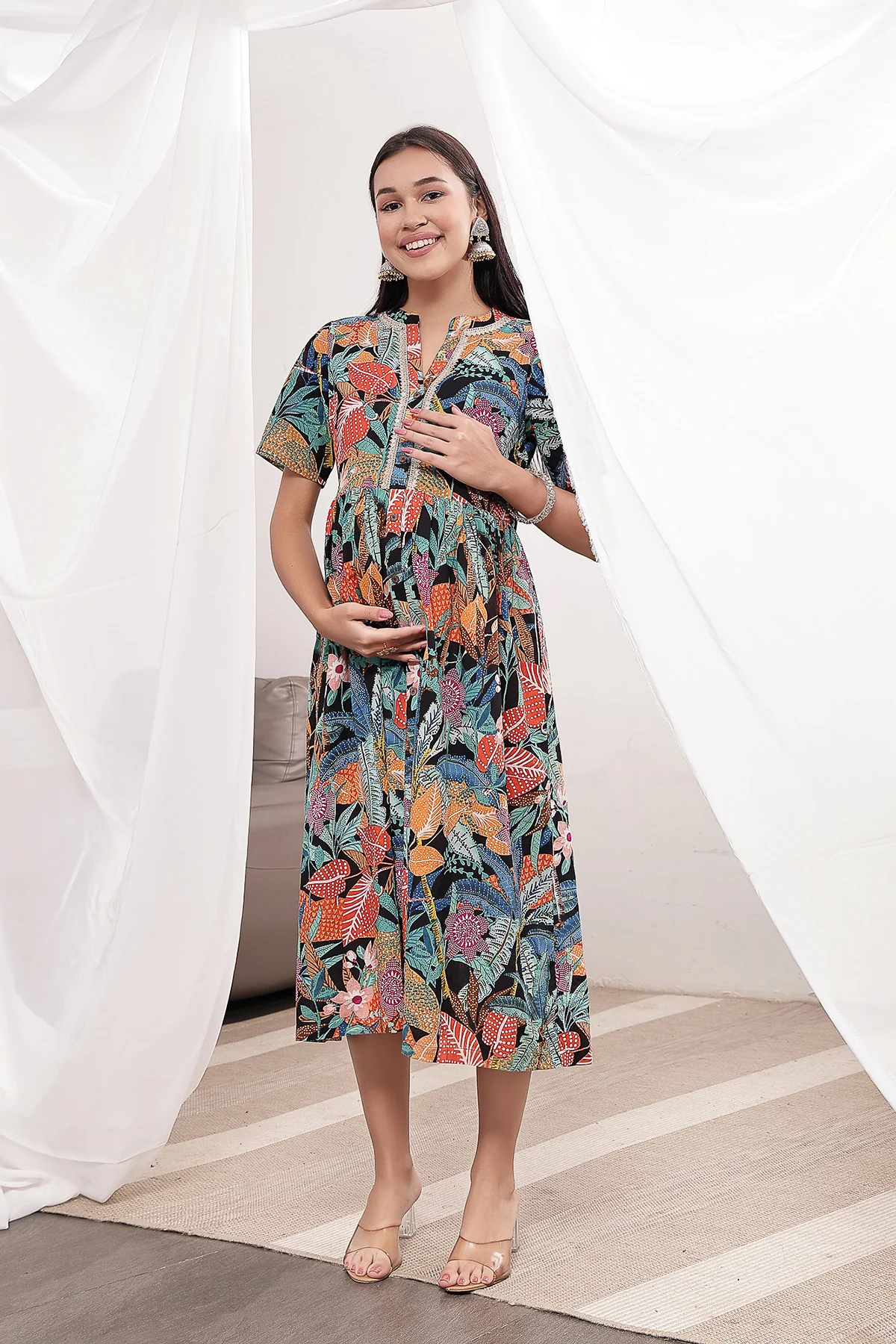 Mehr – The Festive Zipless Feeding Lapel Dress- Black Multi - Image 10
