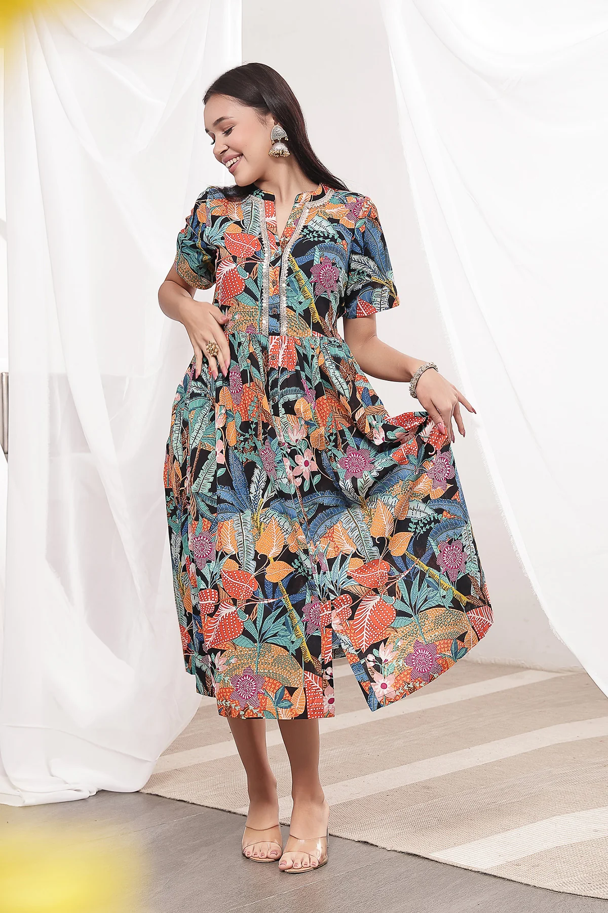 Mehr – The Festive Zipless Feeding Lapel Dress- Black Multi - Image 5