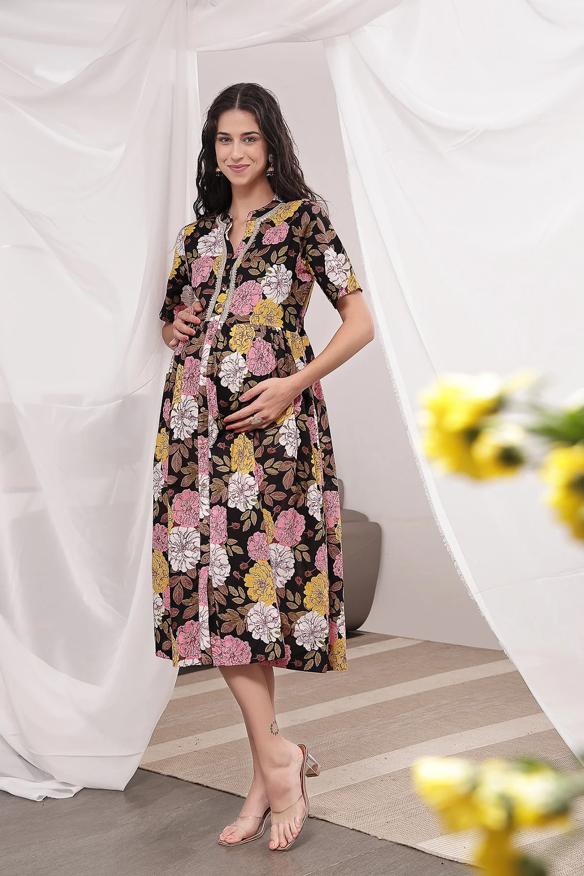 Mehr – The Festive Zipless Feeding Lapel Dress- Dark Wine - Image 4