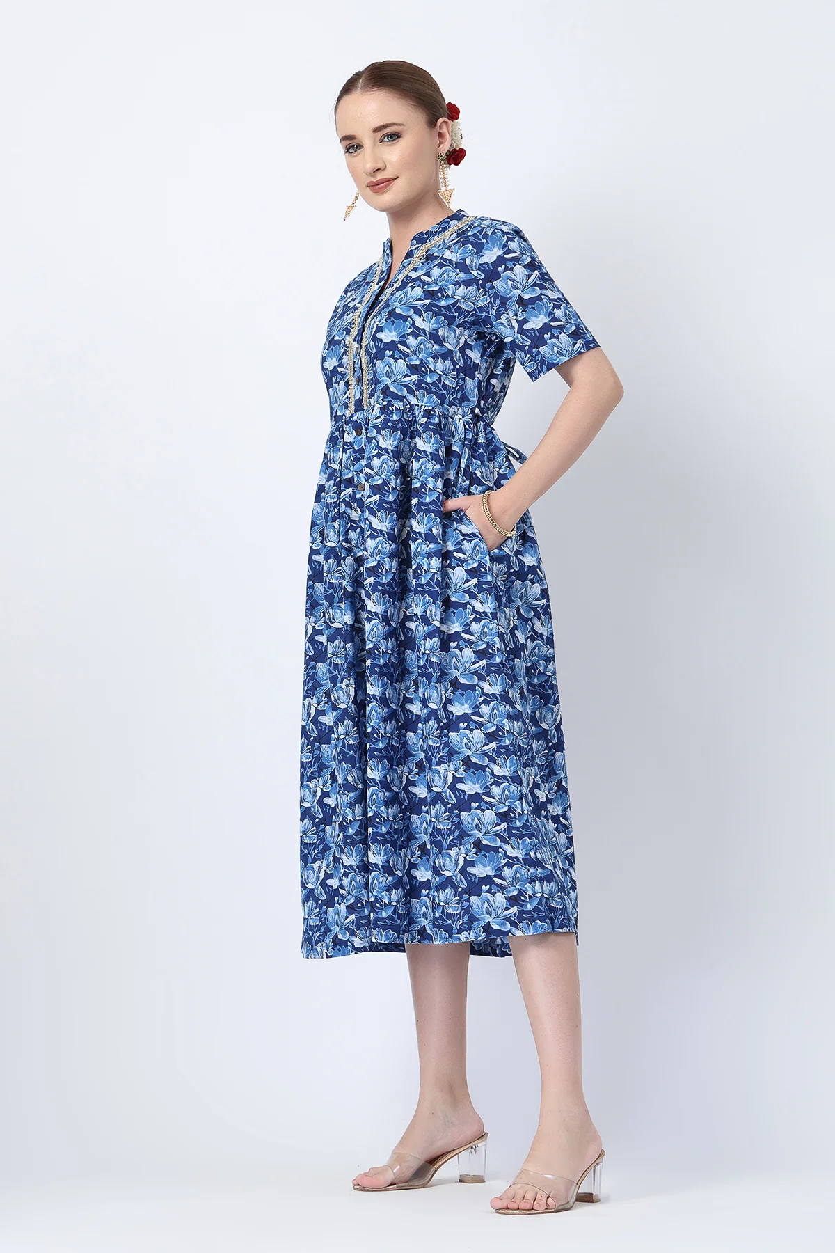 Mehr – The Festive Zipless Feeding Lapel Dress- Indigo Blue - Image 9