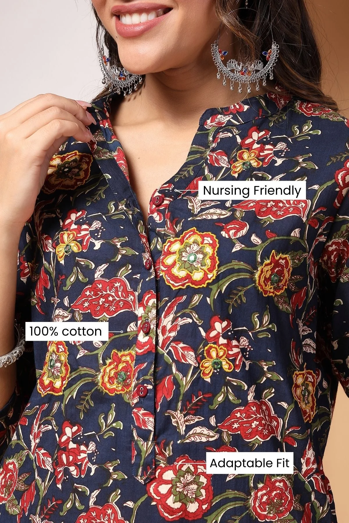 Midnight Bloom Maternity and Zipless Feeding Kurta Set - Image 11