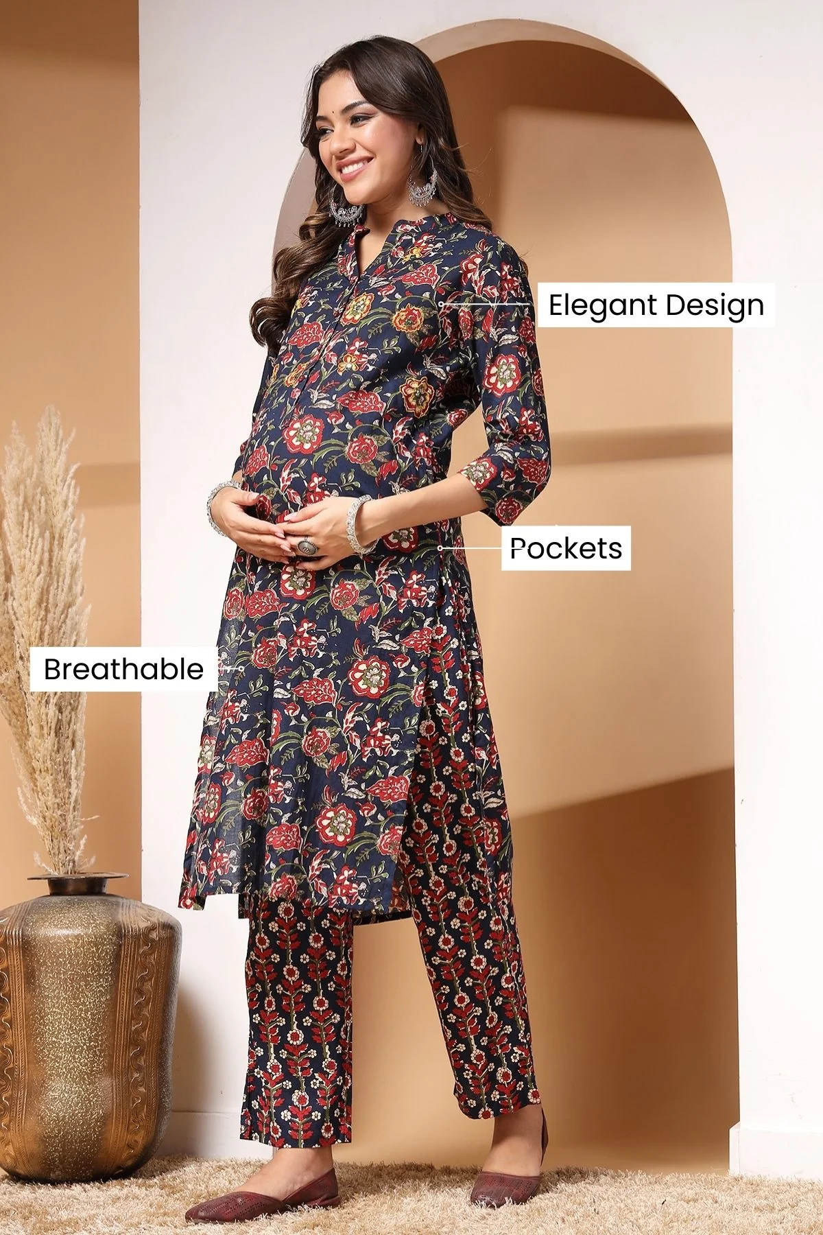 Midnight Bloom Maternity and Zipless Feeding Kurta Set - Image 4