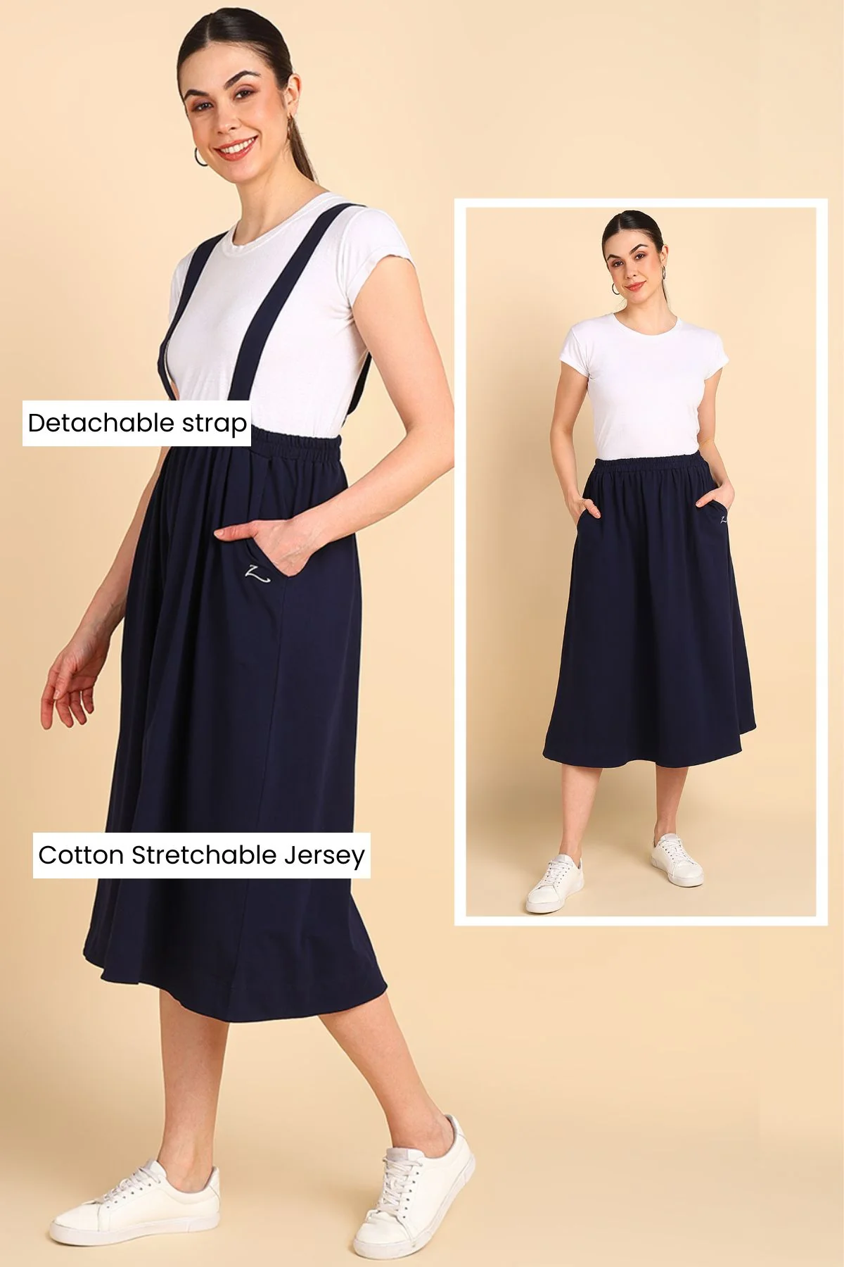 Midnight Blue 100% Cotton Jersey Maternity Skirt with Detachable Strap & Pockets - Image 3
