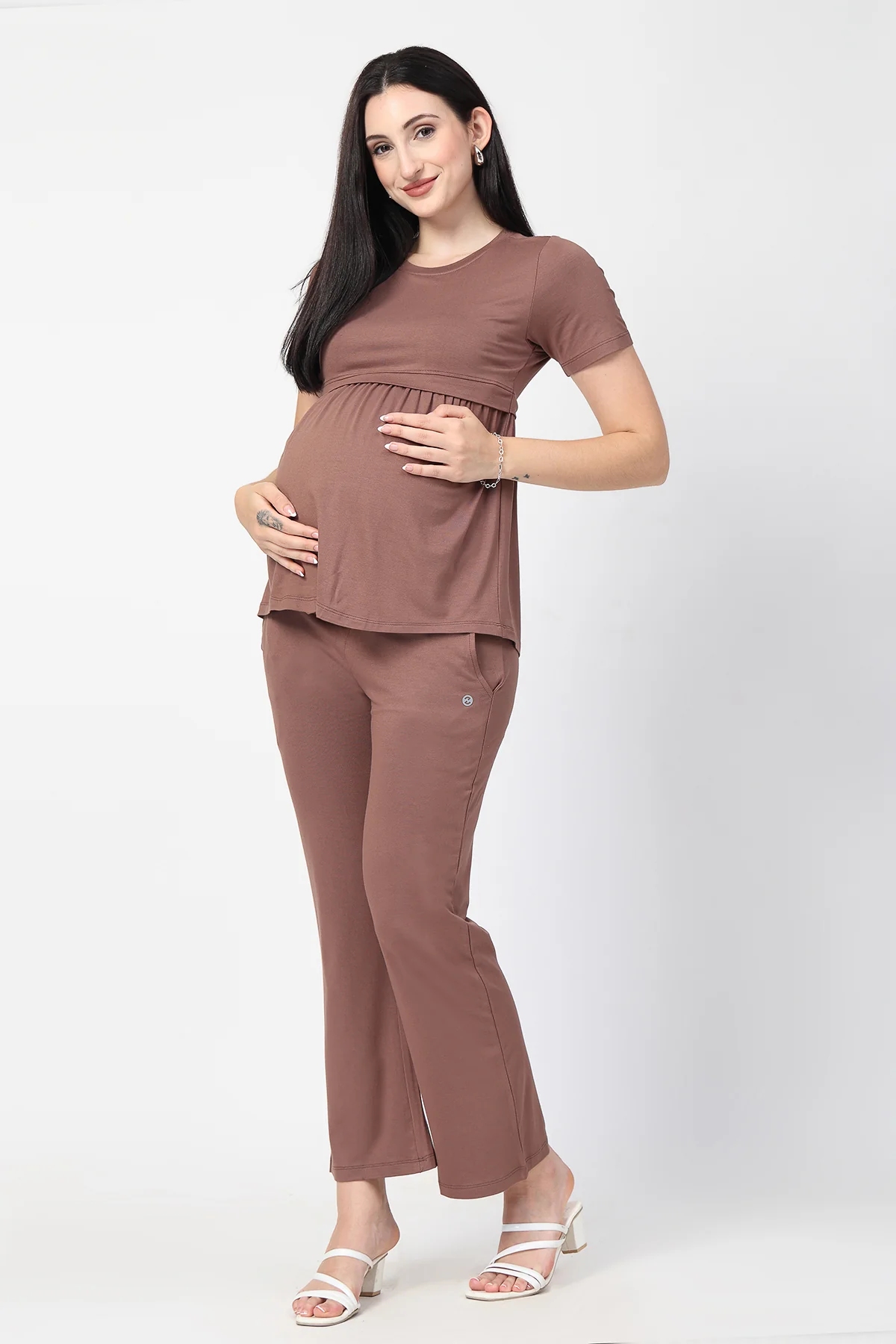 Mocha Maternity Zipless Feeding Gathered Top - Image 10