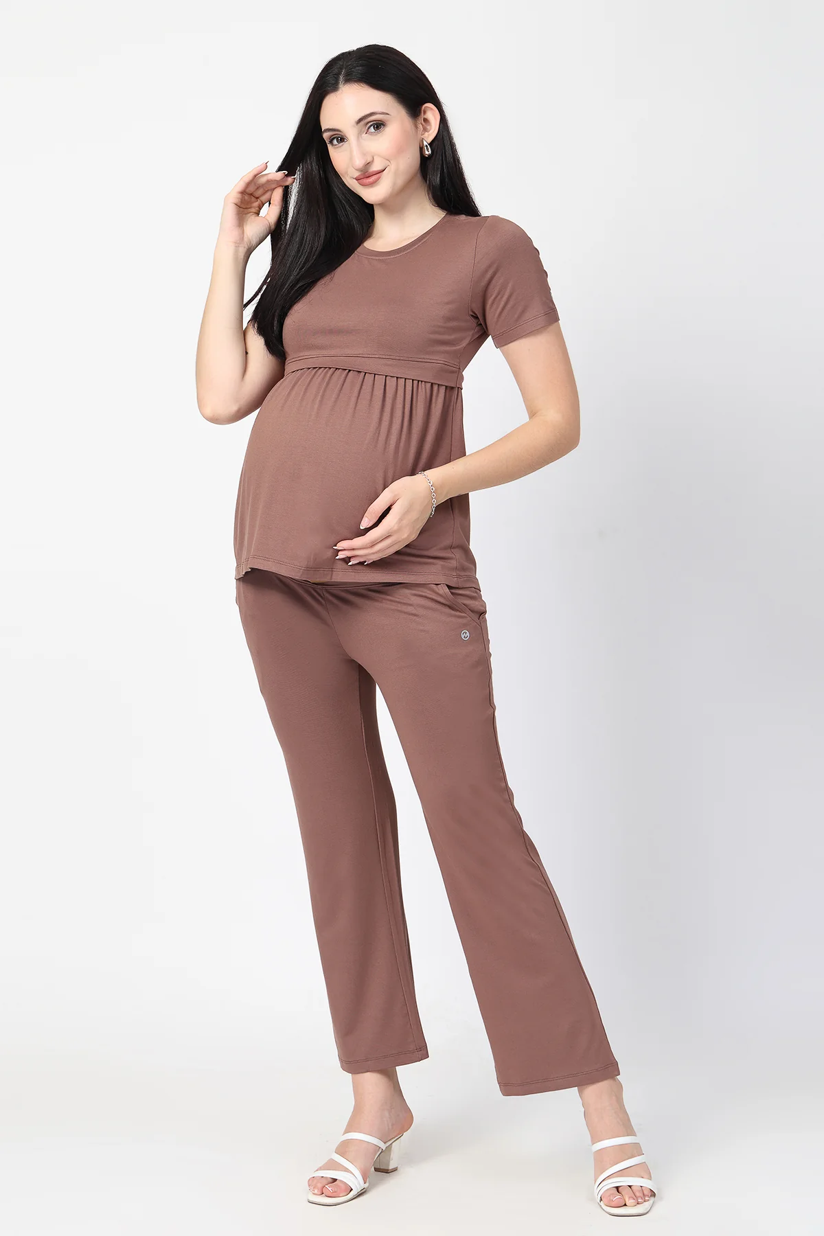 Mocha Maternity Zipless Feeding Gathered Top - Image 4