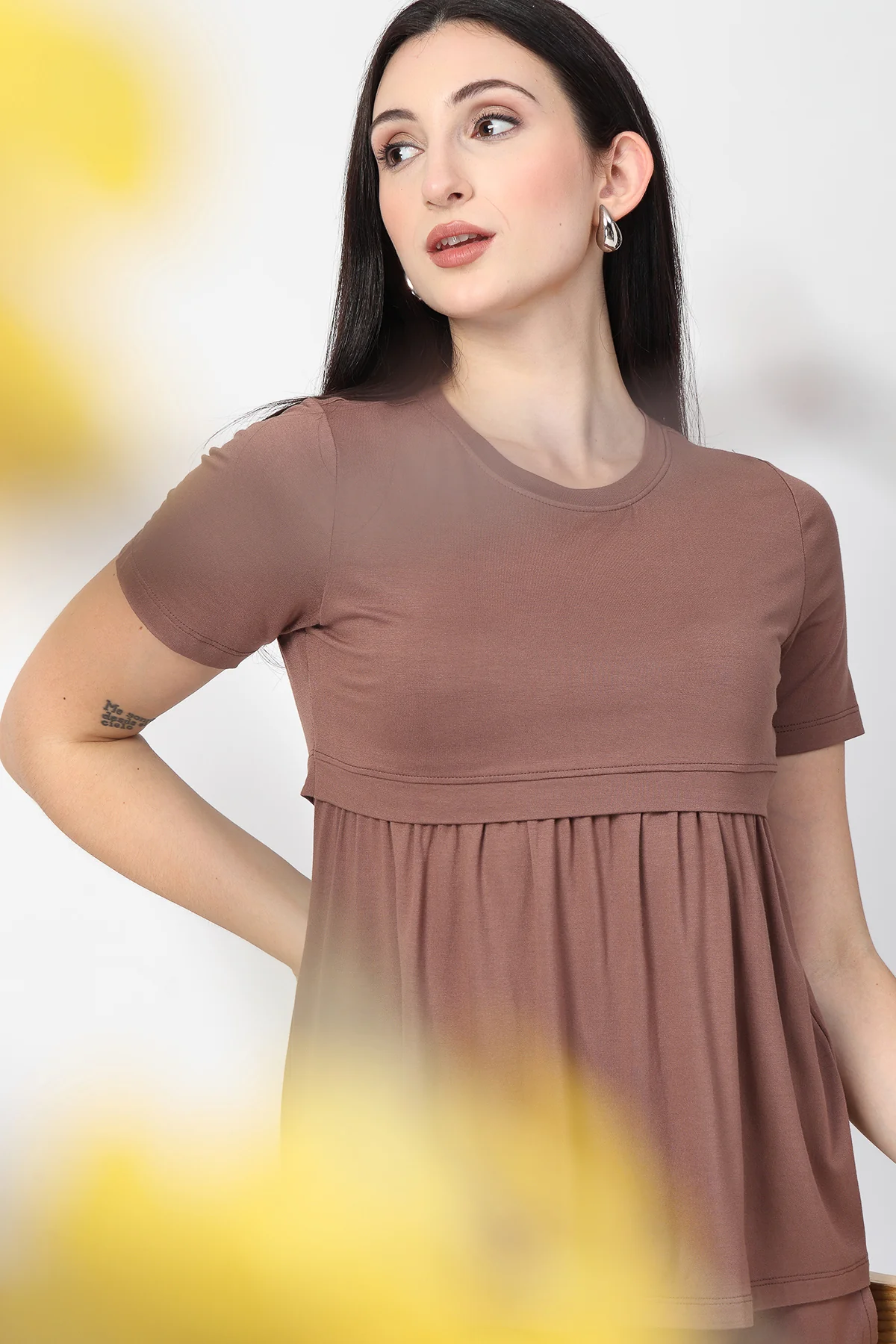 Mocha Maternity Zipless Feeding Gathered Top - Image 5