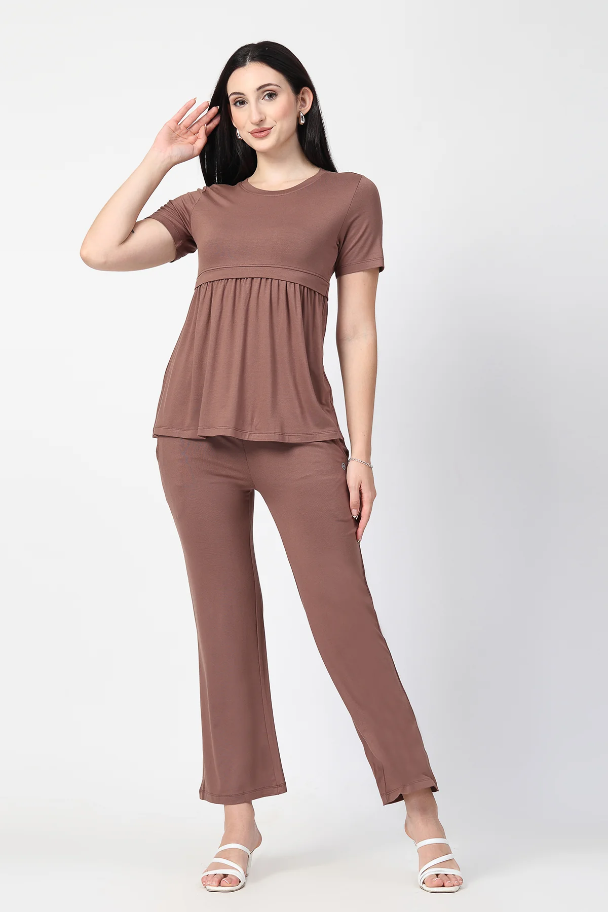 Mocha Maternity Zipless Feeding Gathered Top - Image 6