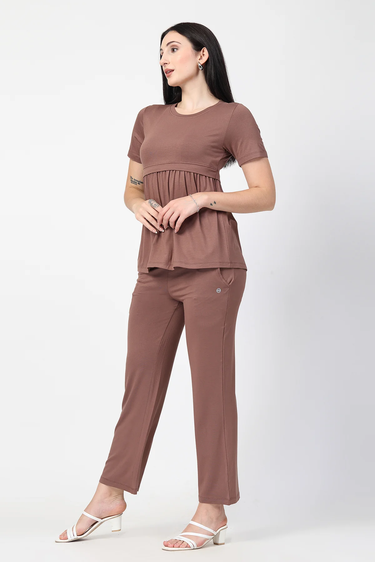 Mocha Maternity Zipless Feeding Gathered Top - Image 7