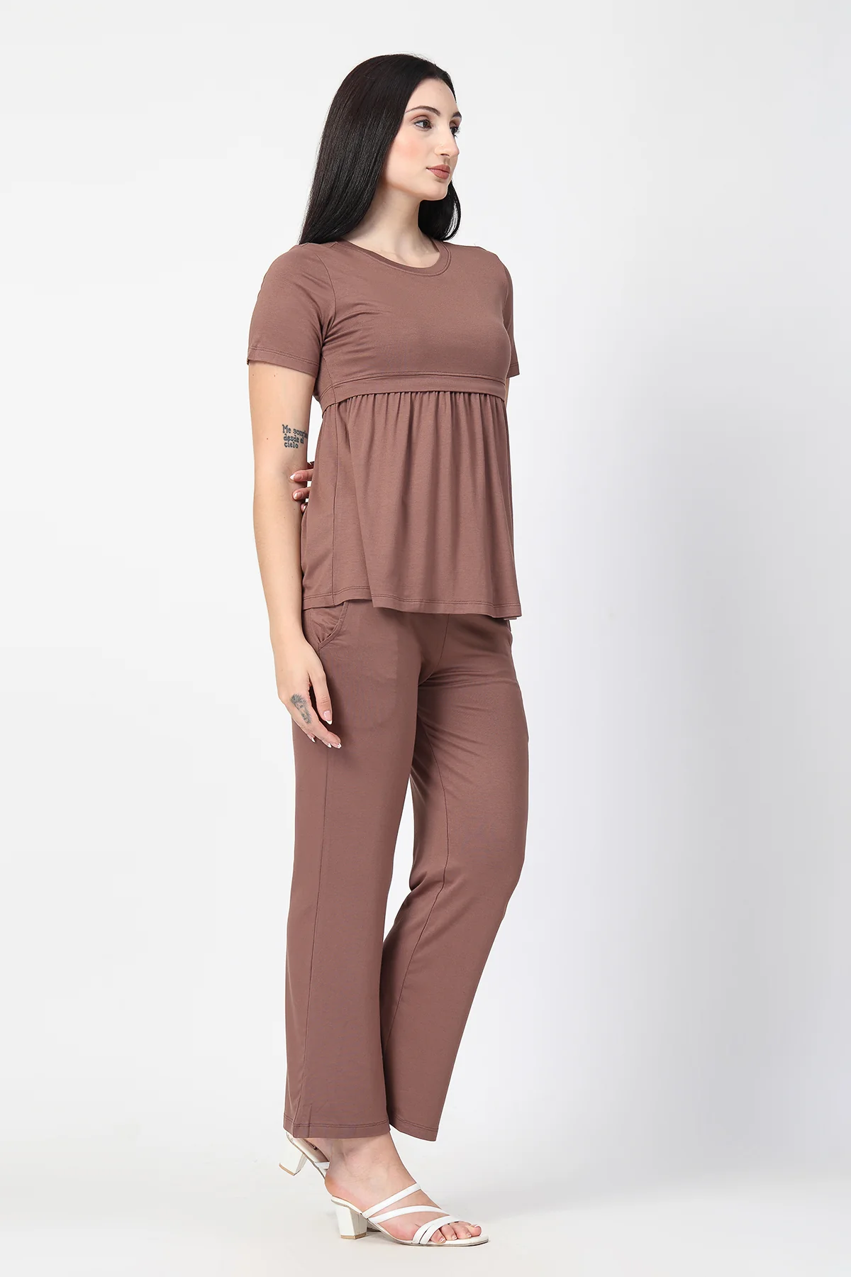 Mocha Maternity Zipless Feeding Gathered Top - Image 8
