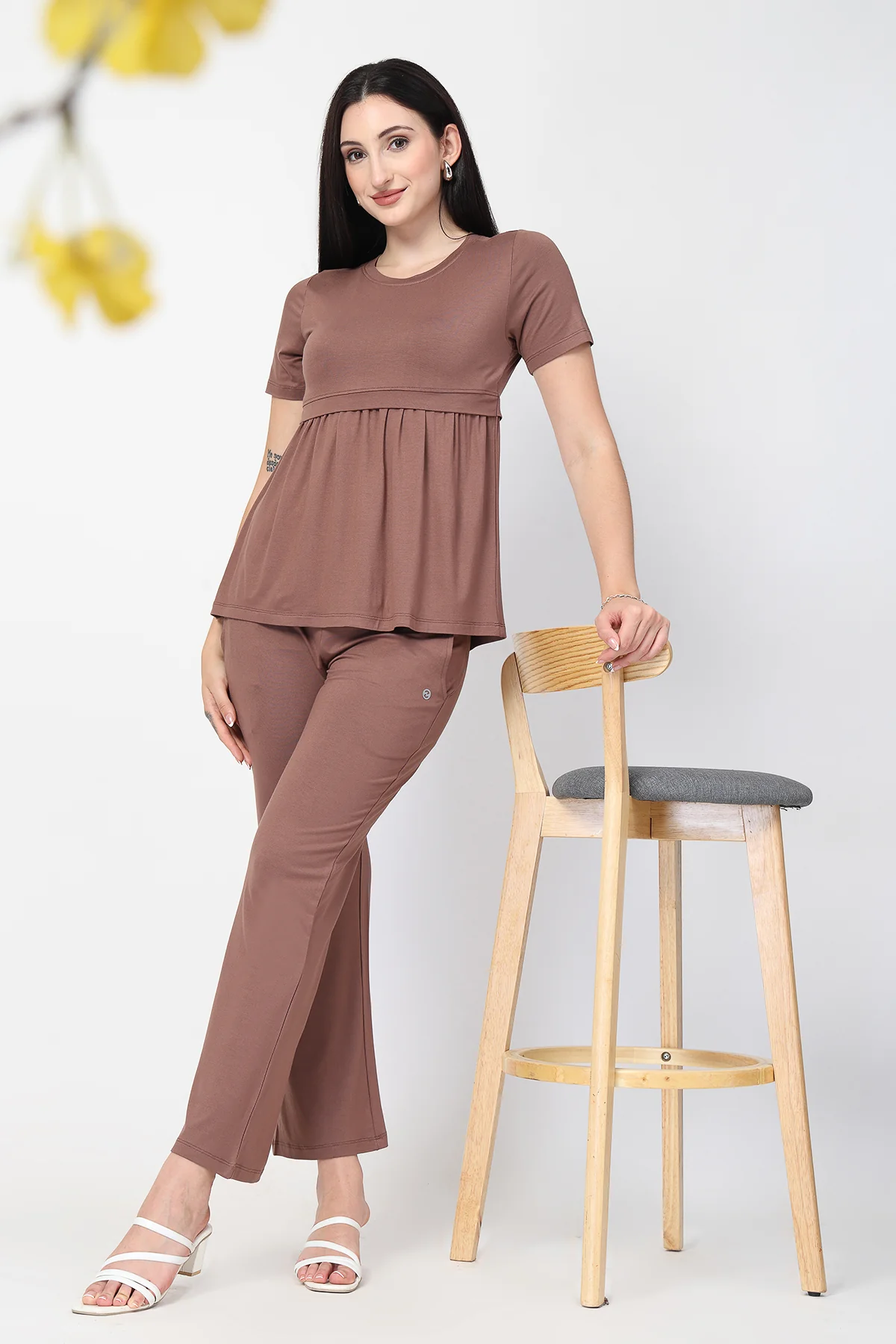 Mocha Maternity Zipless Feeding Gathered Top - Image 9