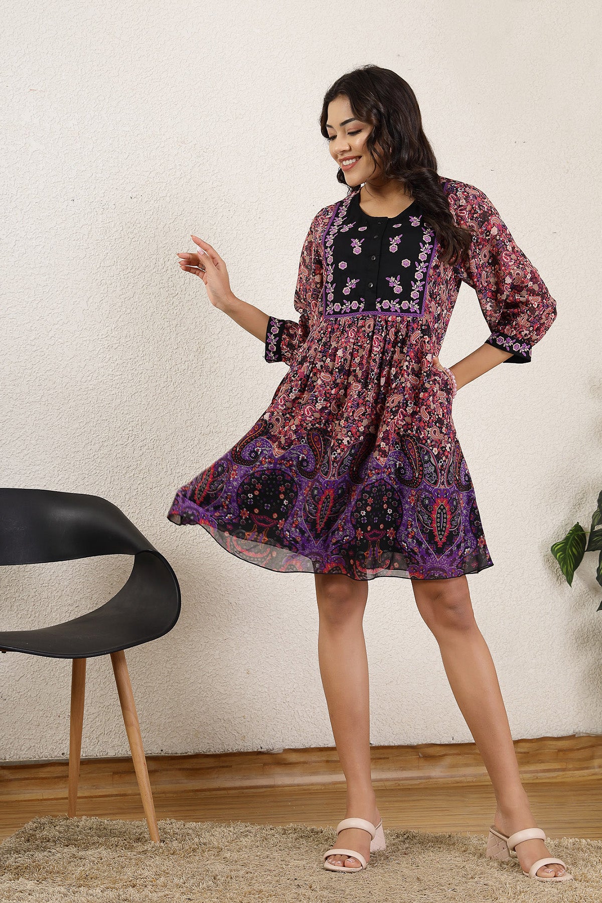 Multicolor Paisley Floral Maternity Zipless Feeding Dress - Image 4