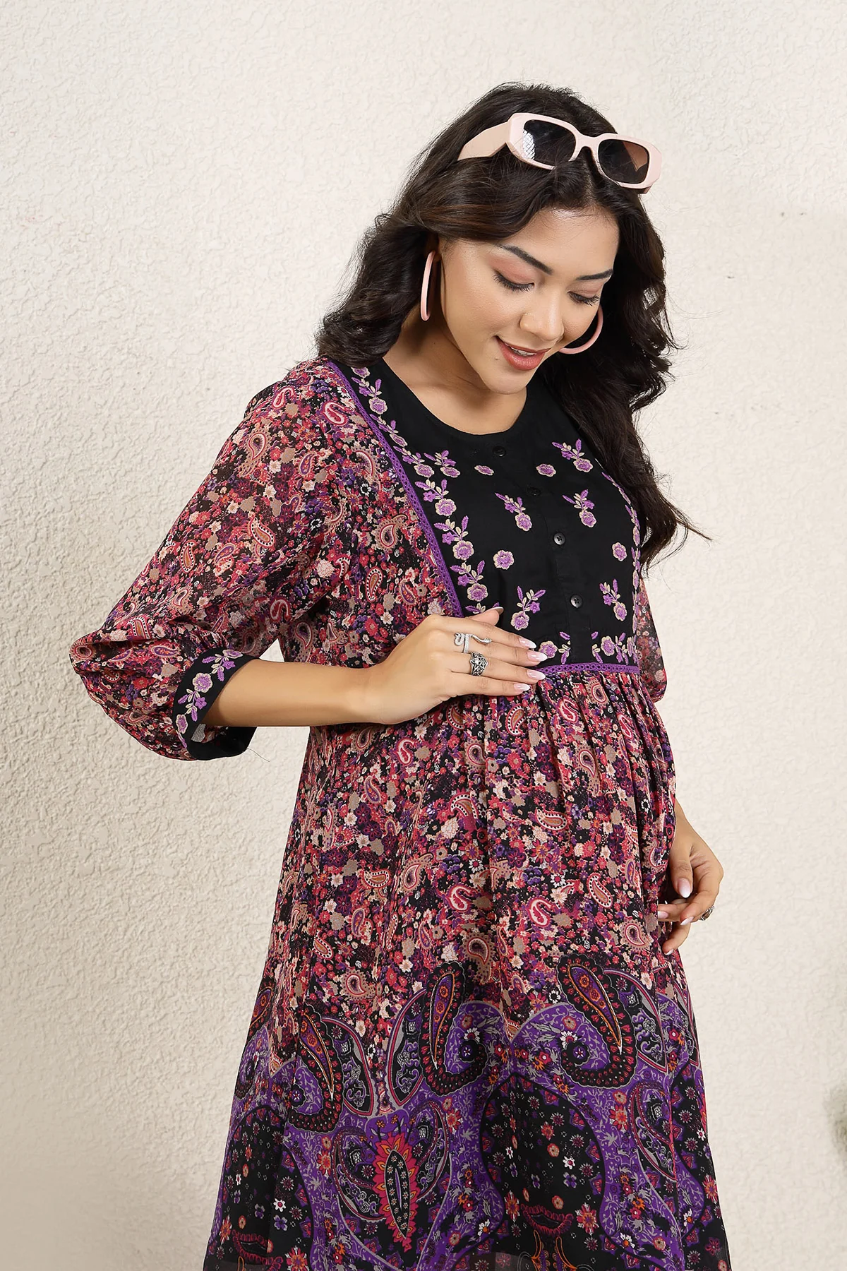 Multicolor Paisley Floral Maternity Zipless Feeding Dress - Image 5