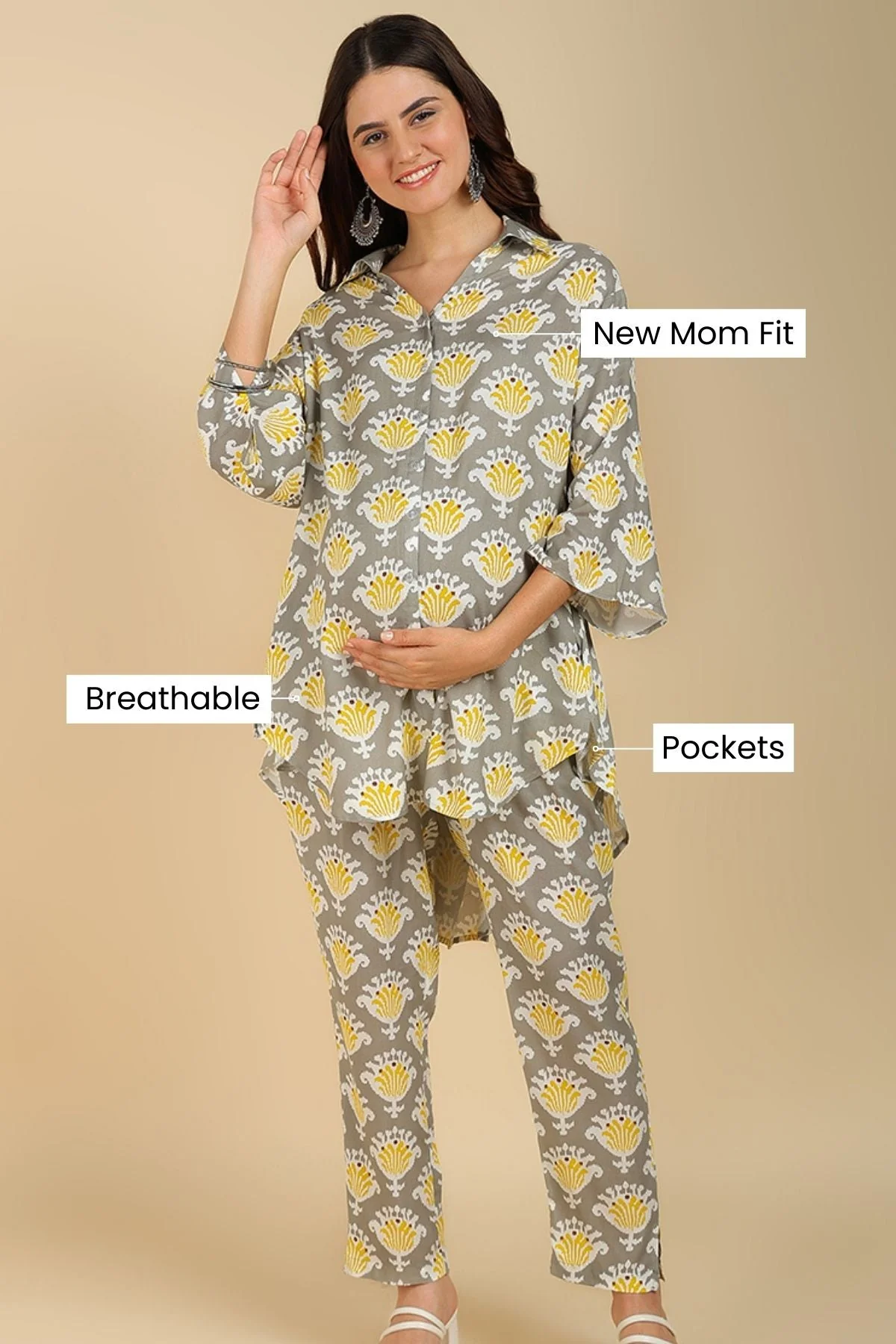 Multicolor Printed Maternity Co-ord Set with Zipless Feeding - Image 4