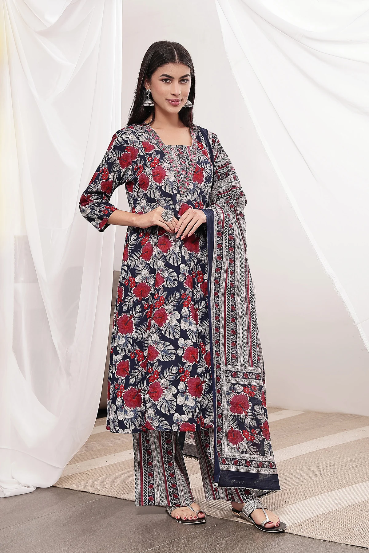 Navy Blue 100% Cotton Concealed Zip Feeding Maternity Kurta Set with Dupatta - Image 10