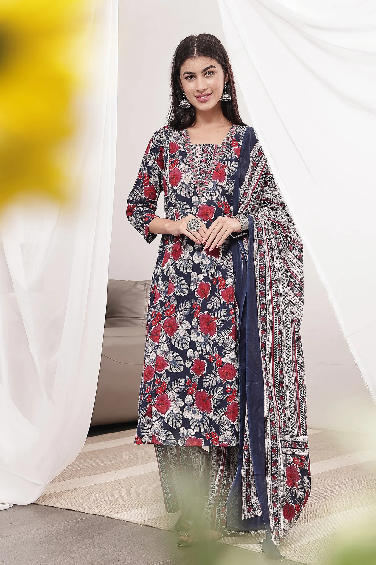 Navy Blue 100% Cotton Concealed Zip Feeding Maternity Kurta Set with Dupatta - Image 11