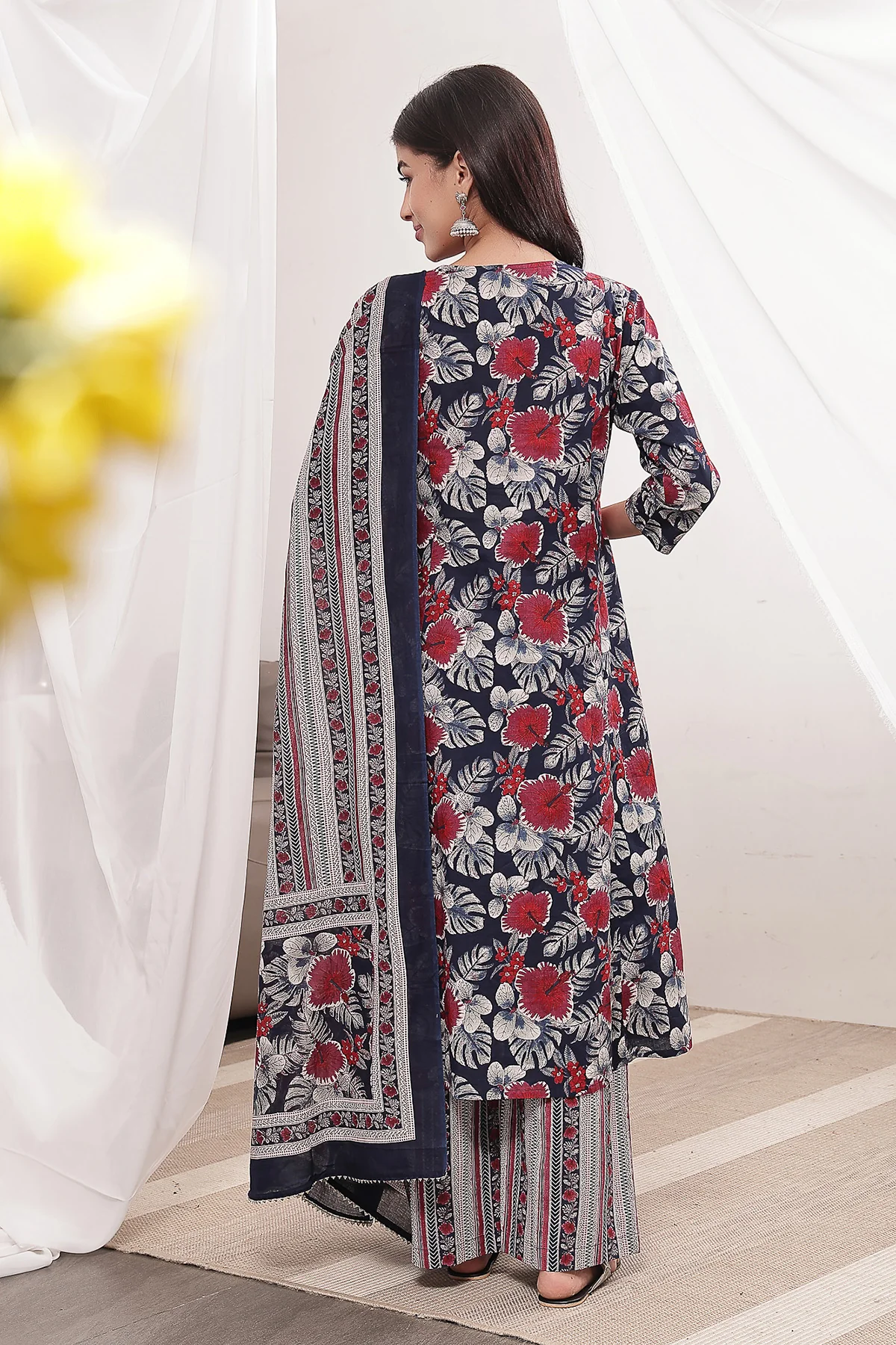 Navy Blue 100% Cotton Concealed Zip Feeding Maternity Kurta Set with Dupatta - Image 3