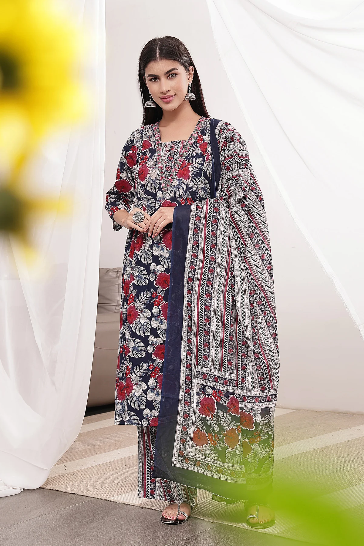 Navy Blue 100% Cotton Concealed Zip Feeding Maternity Kurta Set with Dupatta - Image 4
