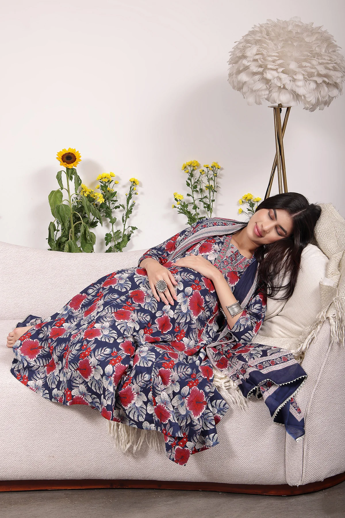 Navy Blue 100% Cotton Concealed Zip Feeding Maternity Kurta Set with Dupatta - Image 5
