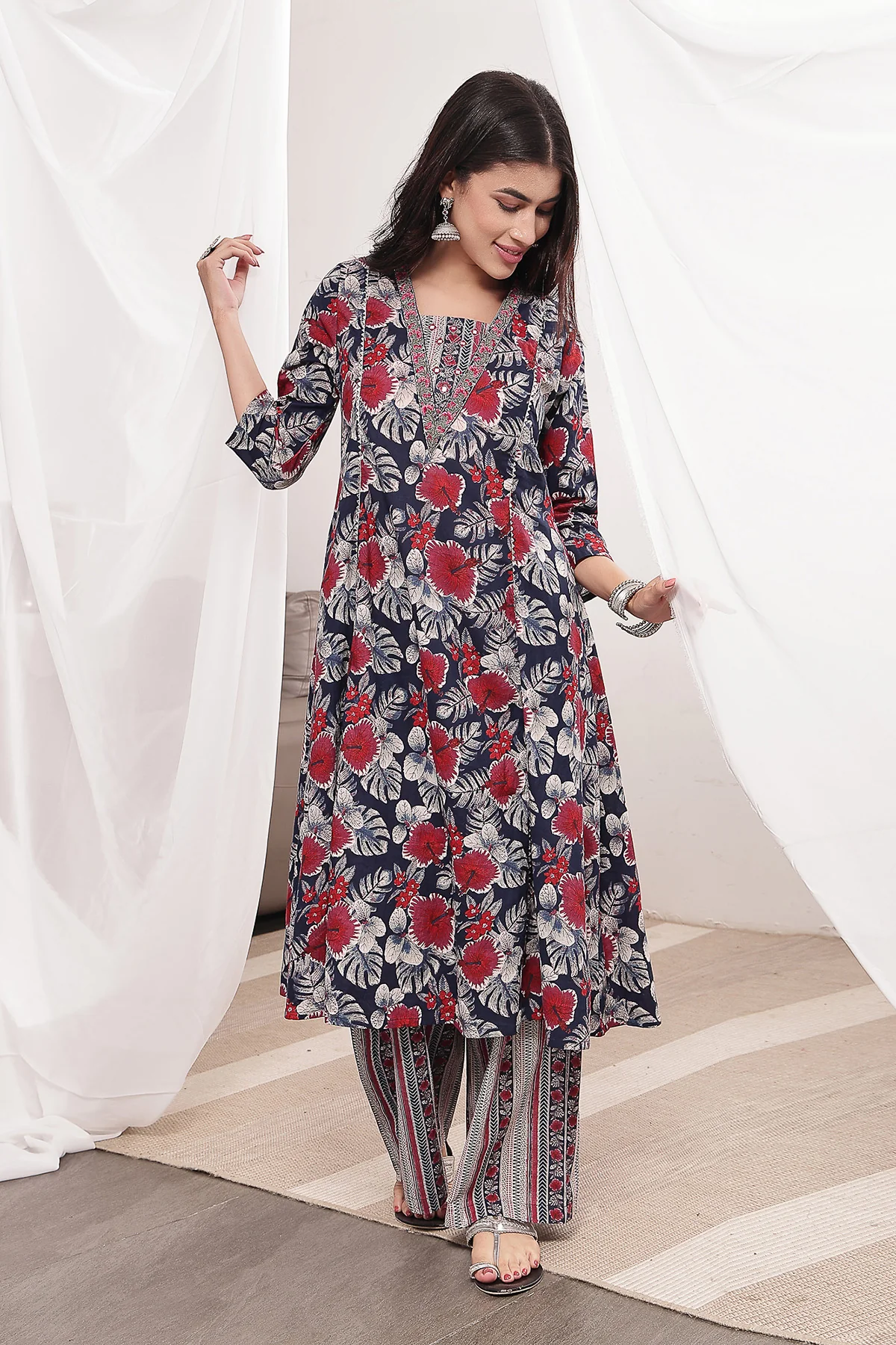 Navy Blue 100% Cotton Concealed Zip Feeding Maternity Kurta Set with Dupatta - Image 8