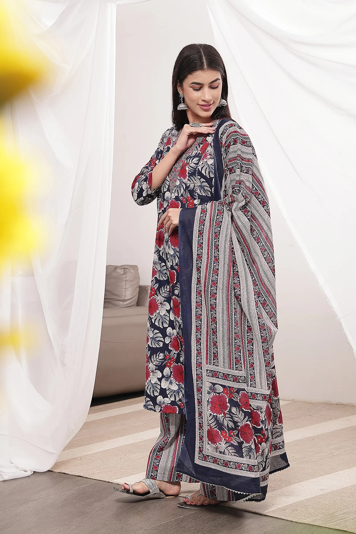 Navy Blue 100% Cotton Concealed Zip Feeding Maternity Kurta Set with Dupatta - Image 9