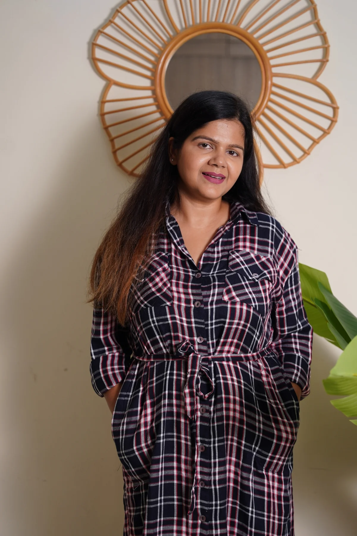 Navy Blue 100% Viscose Rayon Check Shirt Zipless Feeding Dress - Image 3