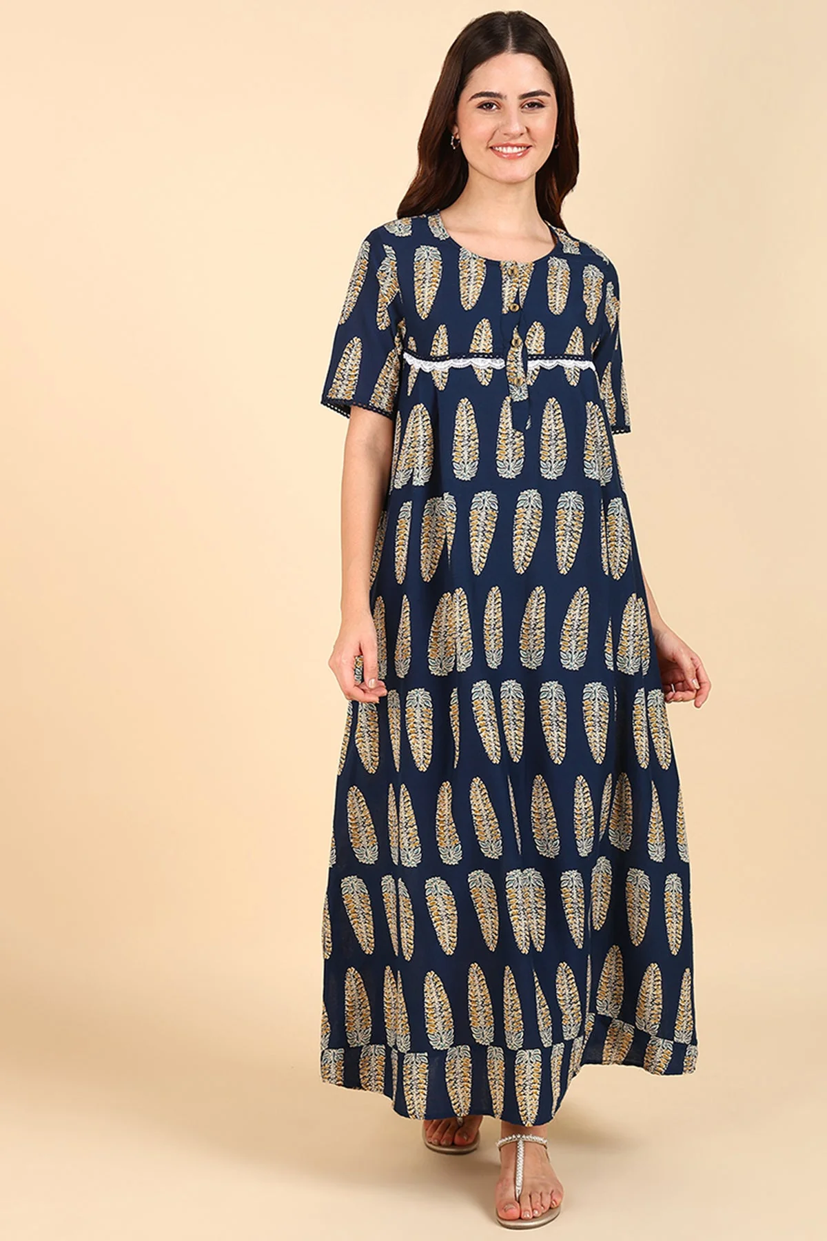 Navy Blue Printed 100% Soft Cotton Zipless Maternity Maxi - Image 10