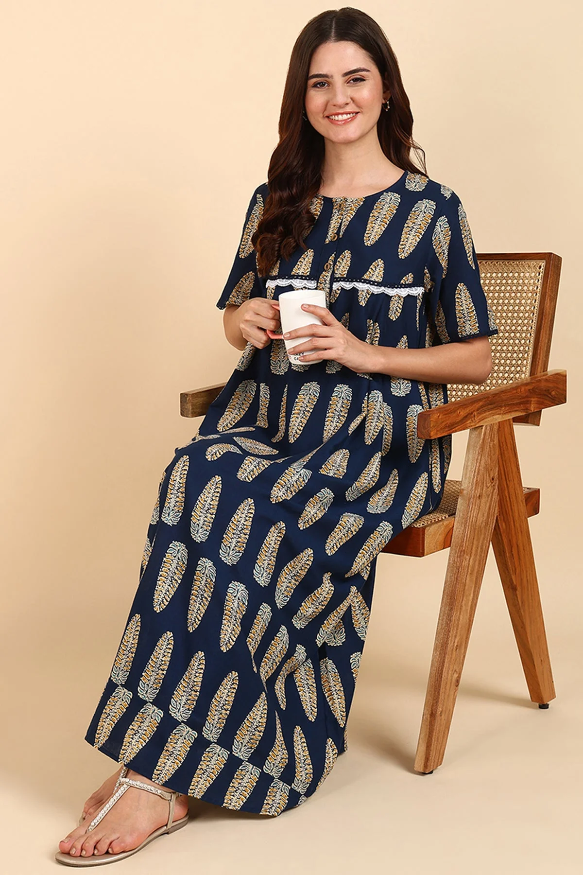 Navy Blue Printed 100% Soft Cotton Zipless Maternity Maxi - Image 11