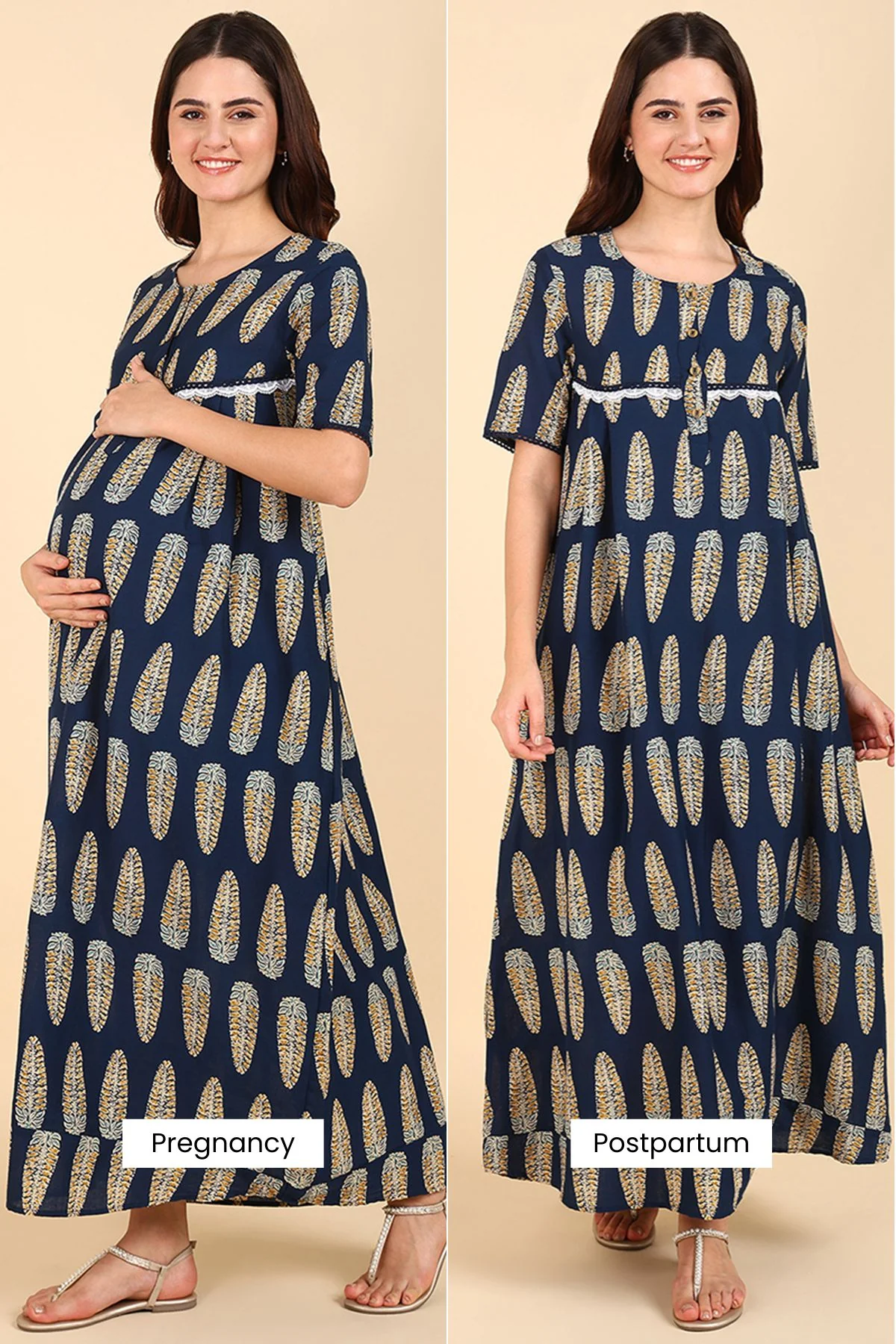 Navy Blue Printed 100% Soft Cotton Zipless Maternity Maxi - Image 3