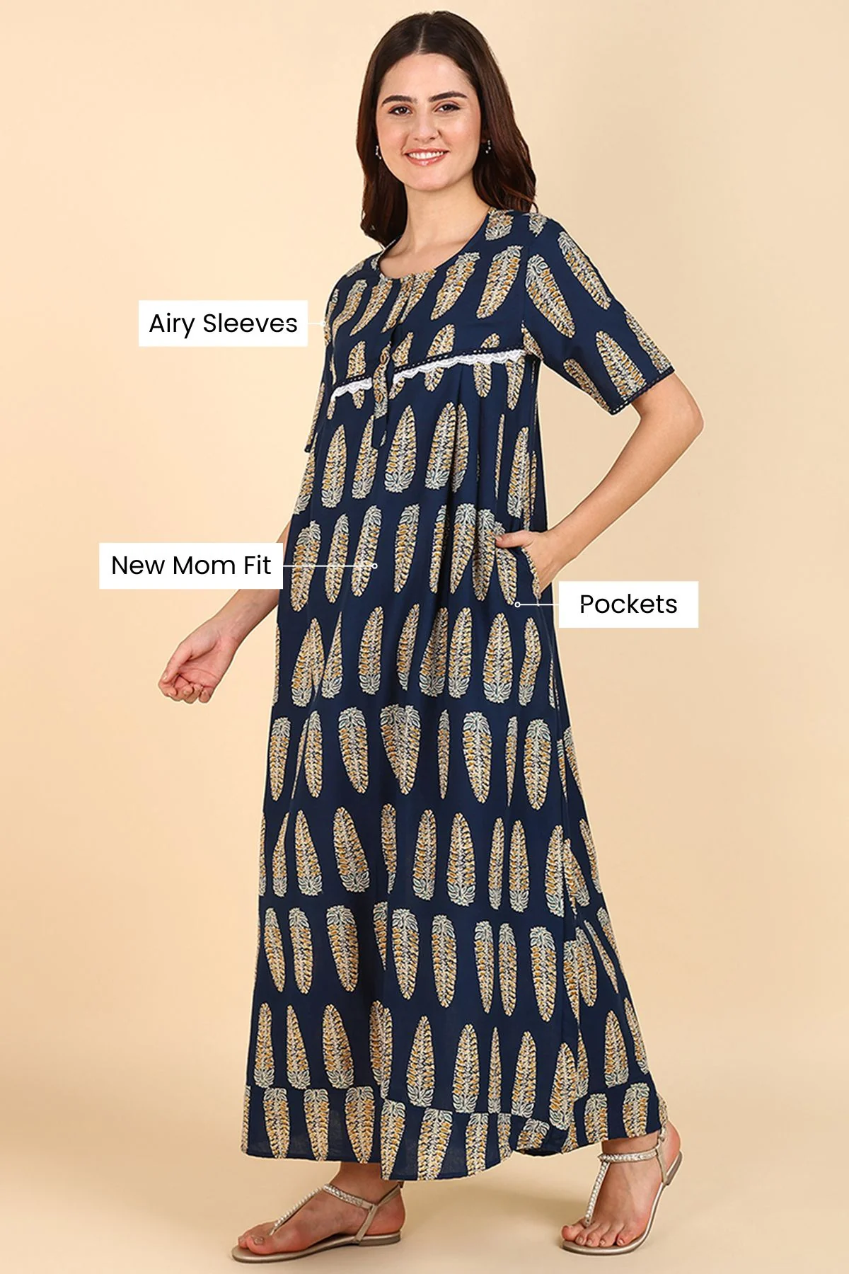 Navy Blue Printed 100% Soft Cotton Zipless Maternity Maxi - Image 4