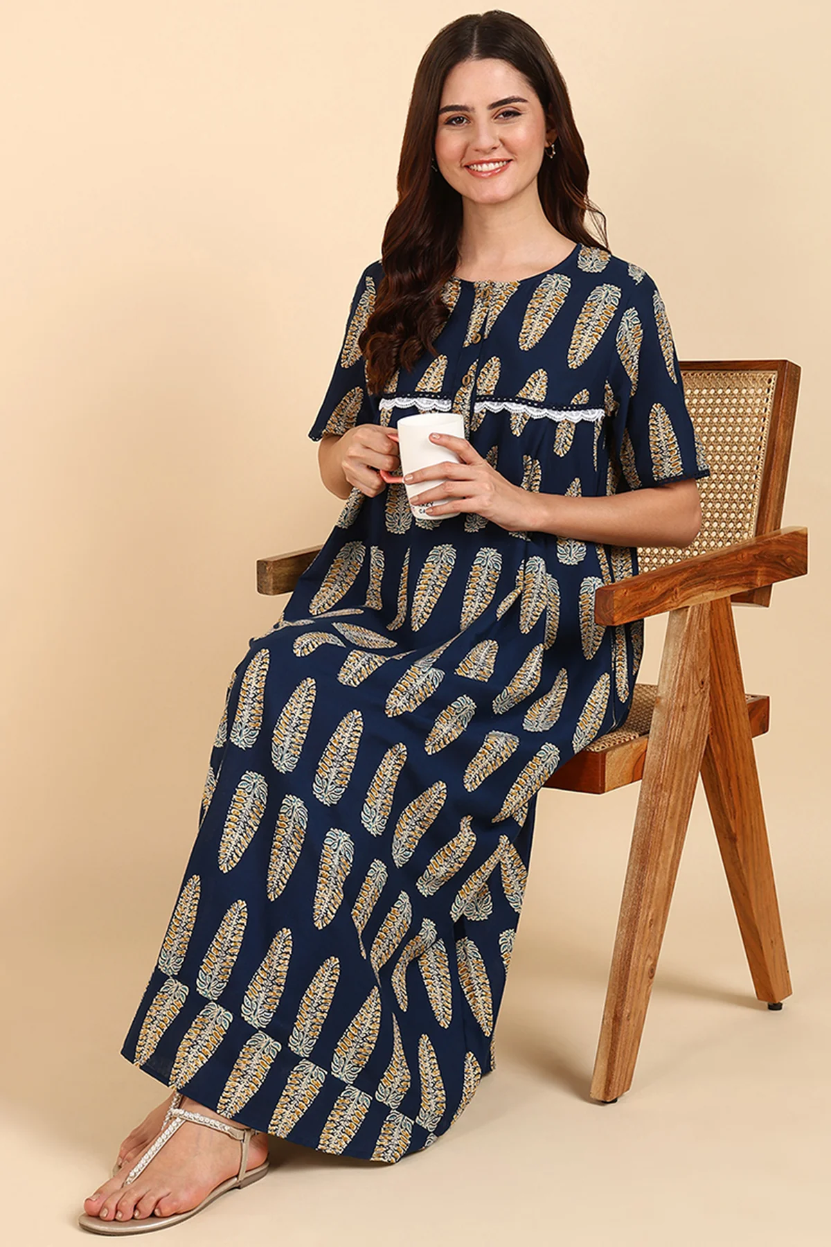 Navy Blue Printed 100% Soft Cotton Zipless Maternity Maxi - Image 6