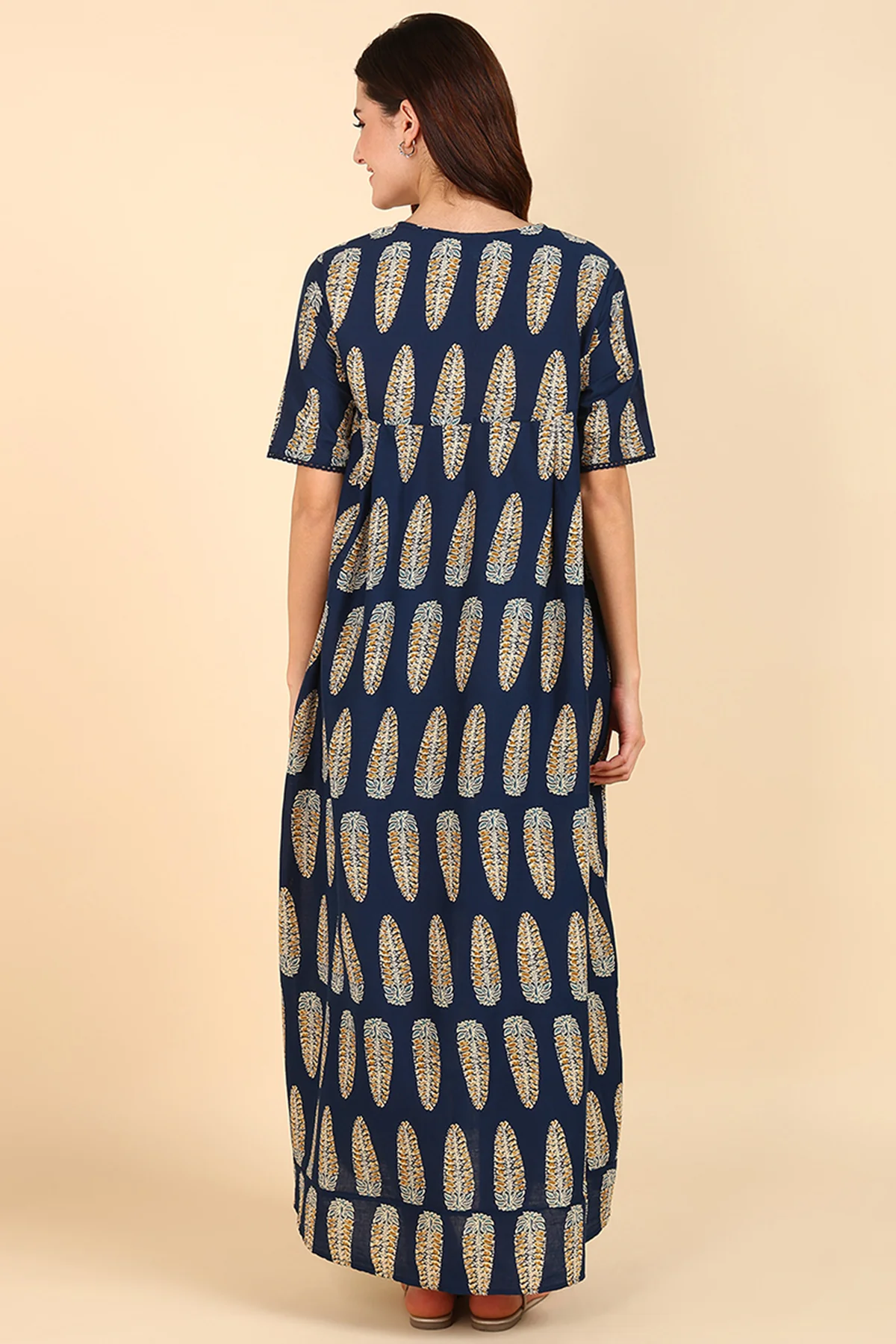 Navy Blue Printed 100% Soft Cotton Zipless Maternity Maxi - Image 7