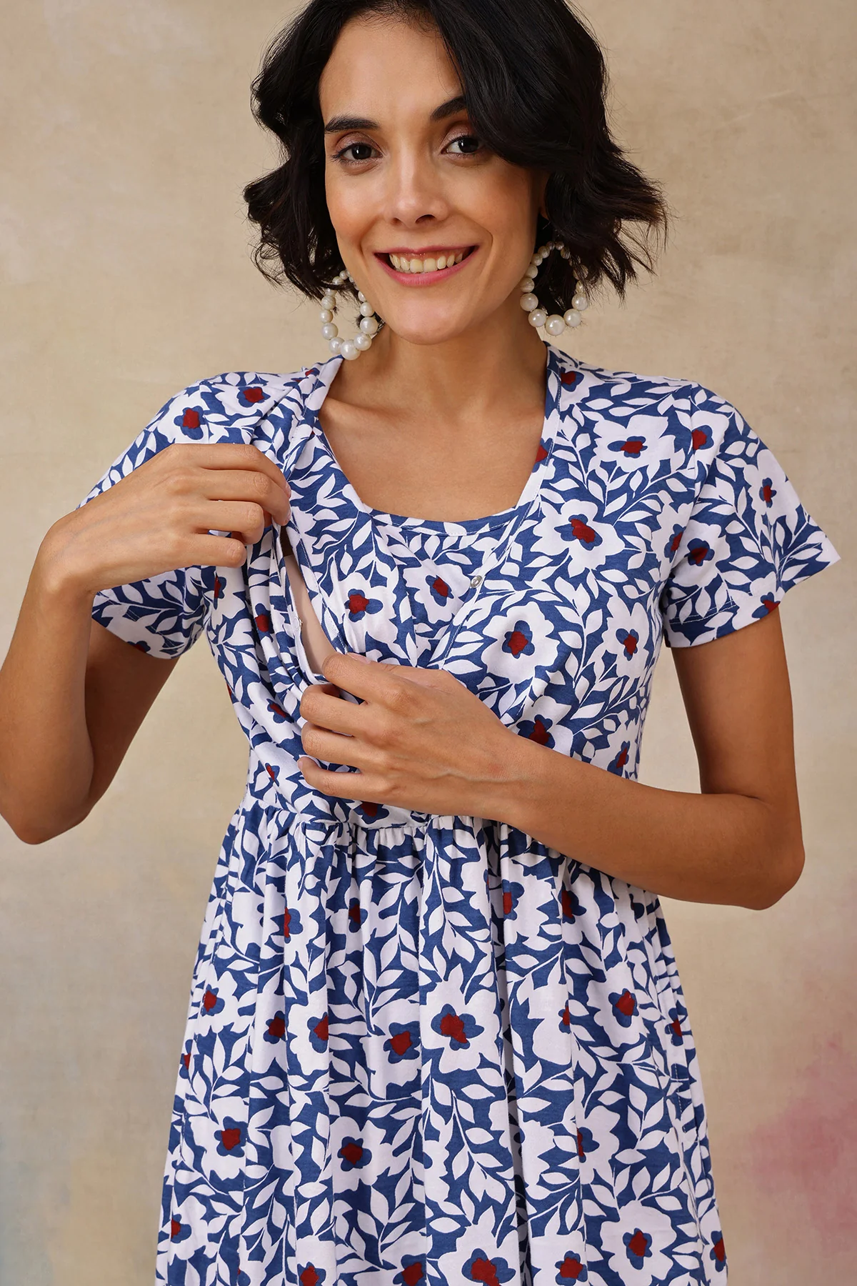 Navy Blue Printed Maternity Zipless Feeding Dress - Image 2