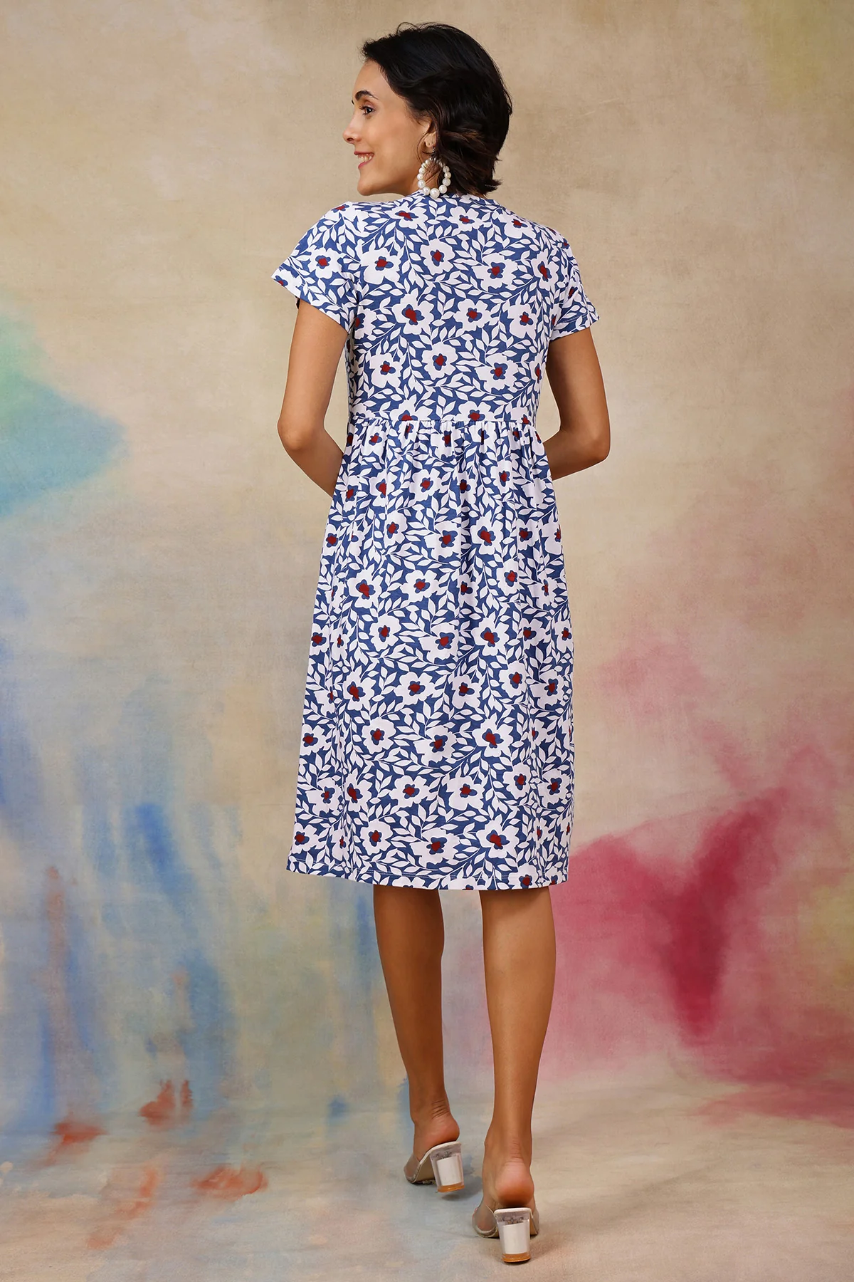 Navy Blue Printed Maternity Zipless Feeding Dress - Image 3