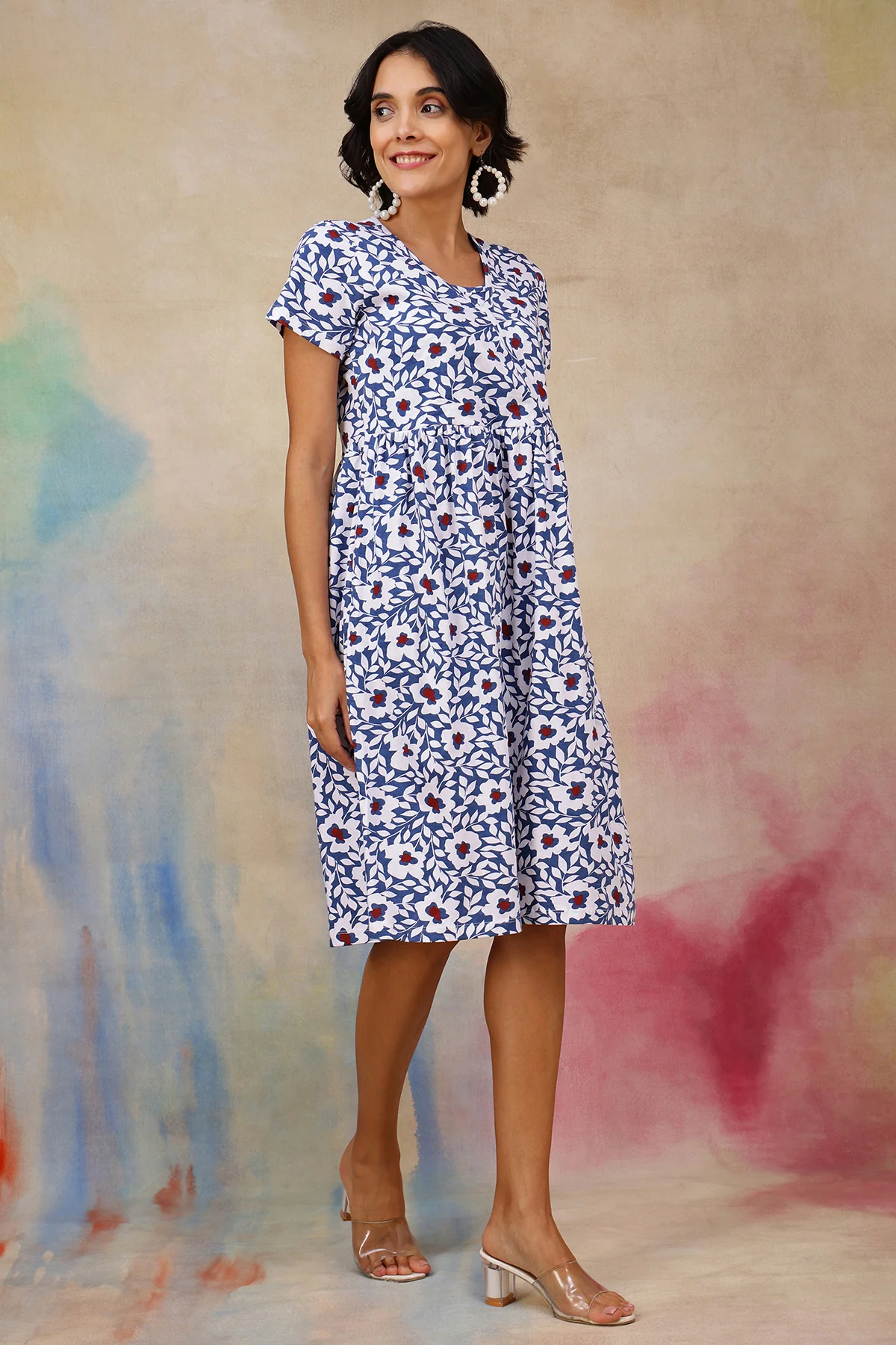 Navy Blue Printed Maternity Zipless Feeding Dress - Image 5