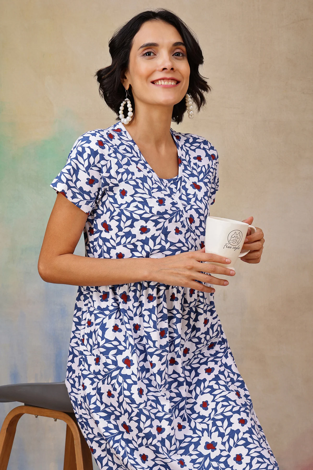 Navy Blue Printed Maternity Zipless Feeding Dress - Image 7