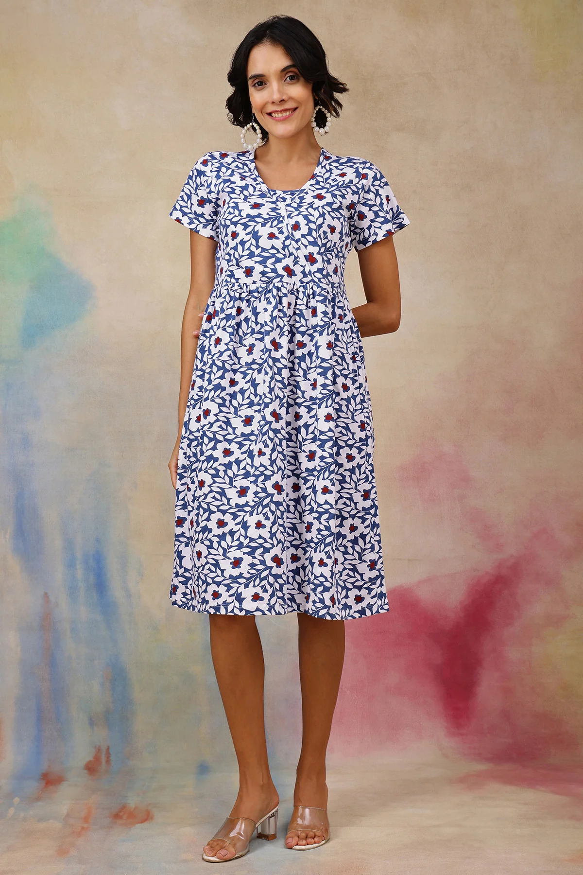Navy Blue Printed Maternity Zipless Feeding Dress - Image 8