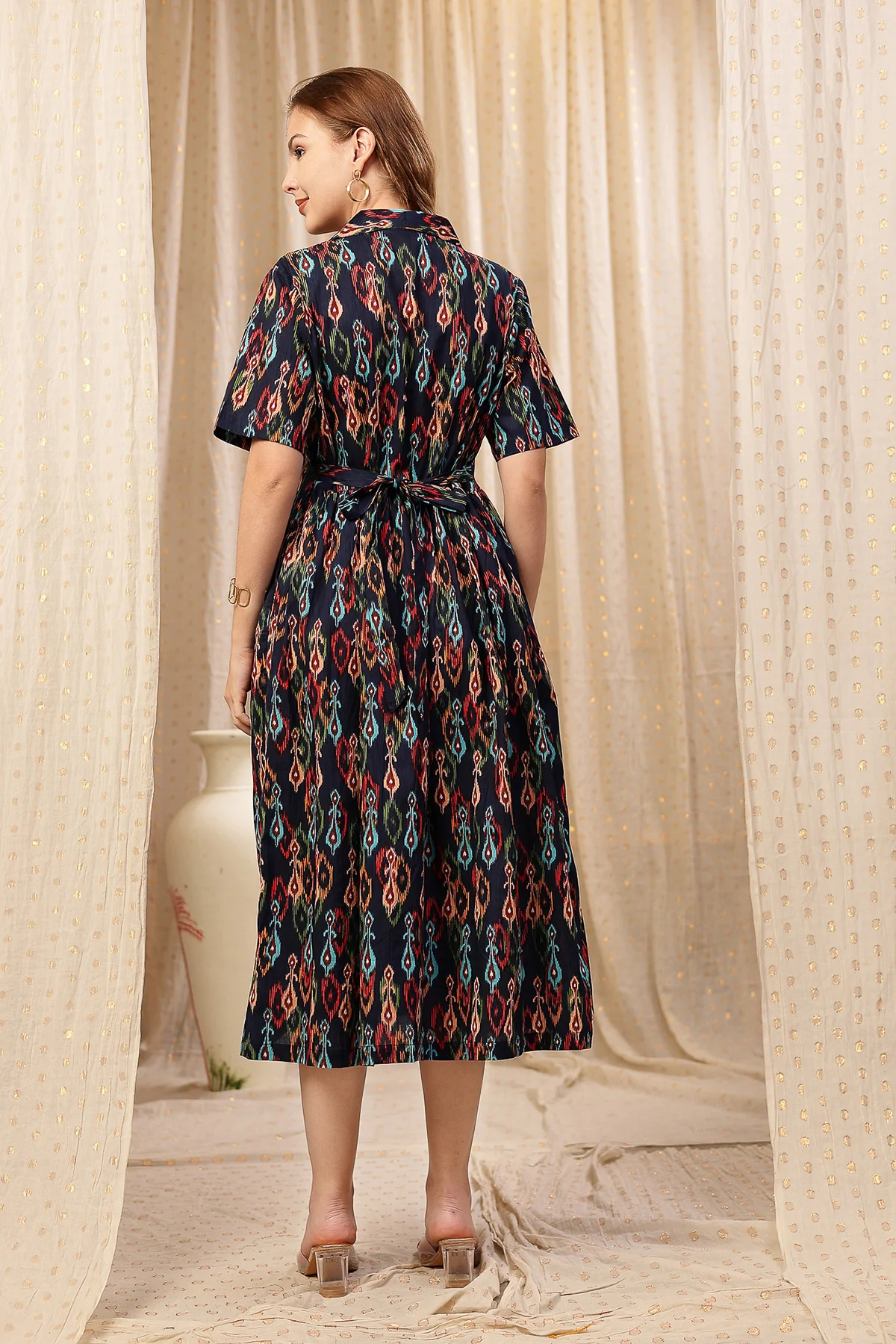 Navy Blue Zipless Maternity Lapel Dress with Pockets - Image 3