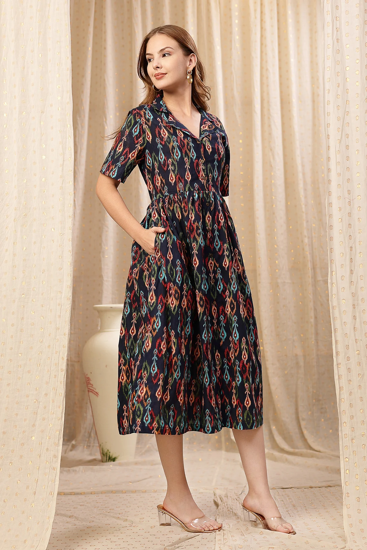 Navy Blue Zipless Maternity Lapel Dress with Pockets - Image 7