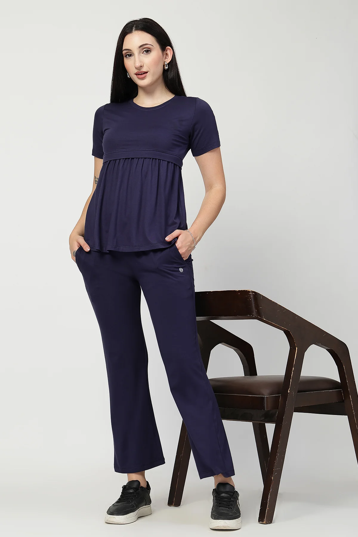 Navy Maternity Zipless Feeding Gathered Top - Image 10