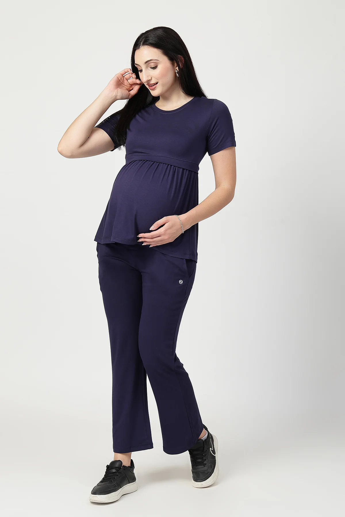 Navy Maternity Zipless Feeding Gathered Top - Image 4