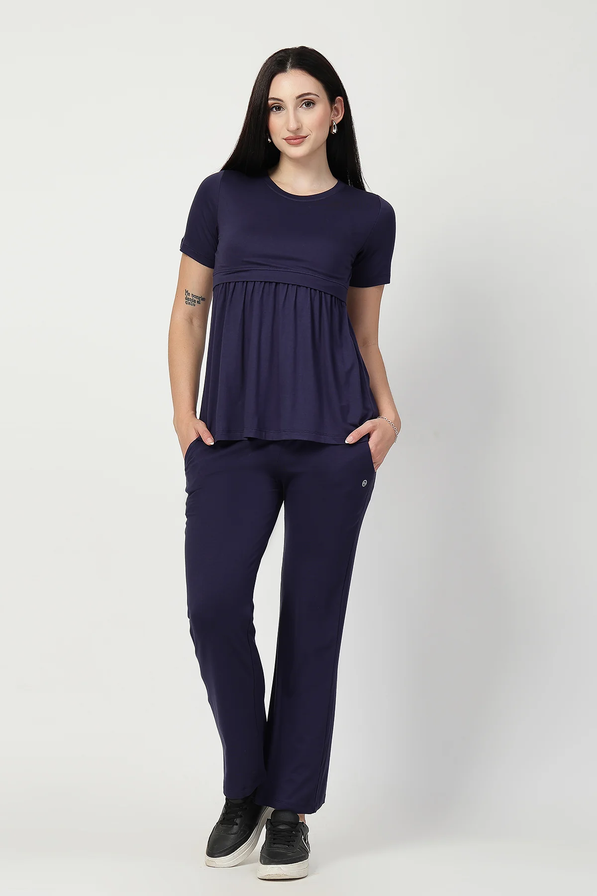 Navy Maternity Zipless Feeding Gathered Top - Image 5