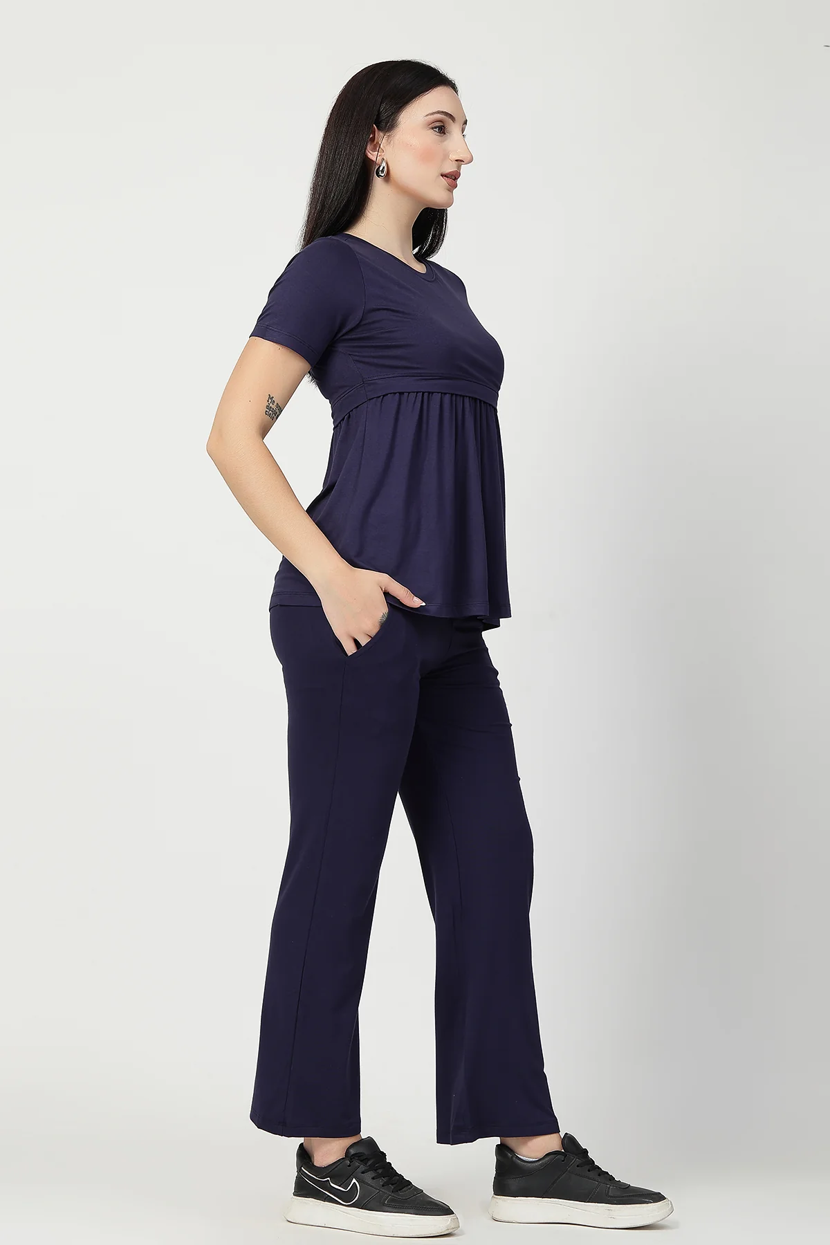 Navy Maternity Zipless Feeding Gathered Top - Image 7